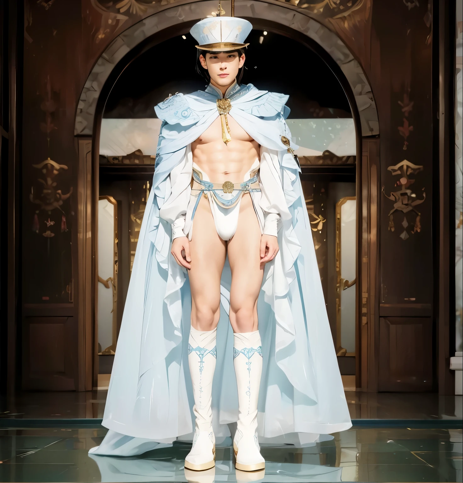 Handsome and exquisite man,The details of the eyes and face are very rich, exquisite eyes, super detailed, High resolution, The content is very detailed,best quality,EnLightenment,Unite,8k wallpaper,masterpiece,best quality,imagine，1 boy，Wear sexy gold briefs, Huge pectoral muscles，Metallic style golden priest cloak，priest hat，standing posture，long legs，Put on gold boots，look at the audience，Face the audience，flowing long hair，Surreal 8000g，Impeccable，masterpiece，professional artwork，famous artwork，Light，movie bloom，perfect face，pretty face，fantasy，Dreamy and magical，not real，intricate details，Exquisite pattern...Korean man&#39;s face