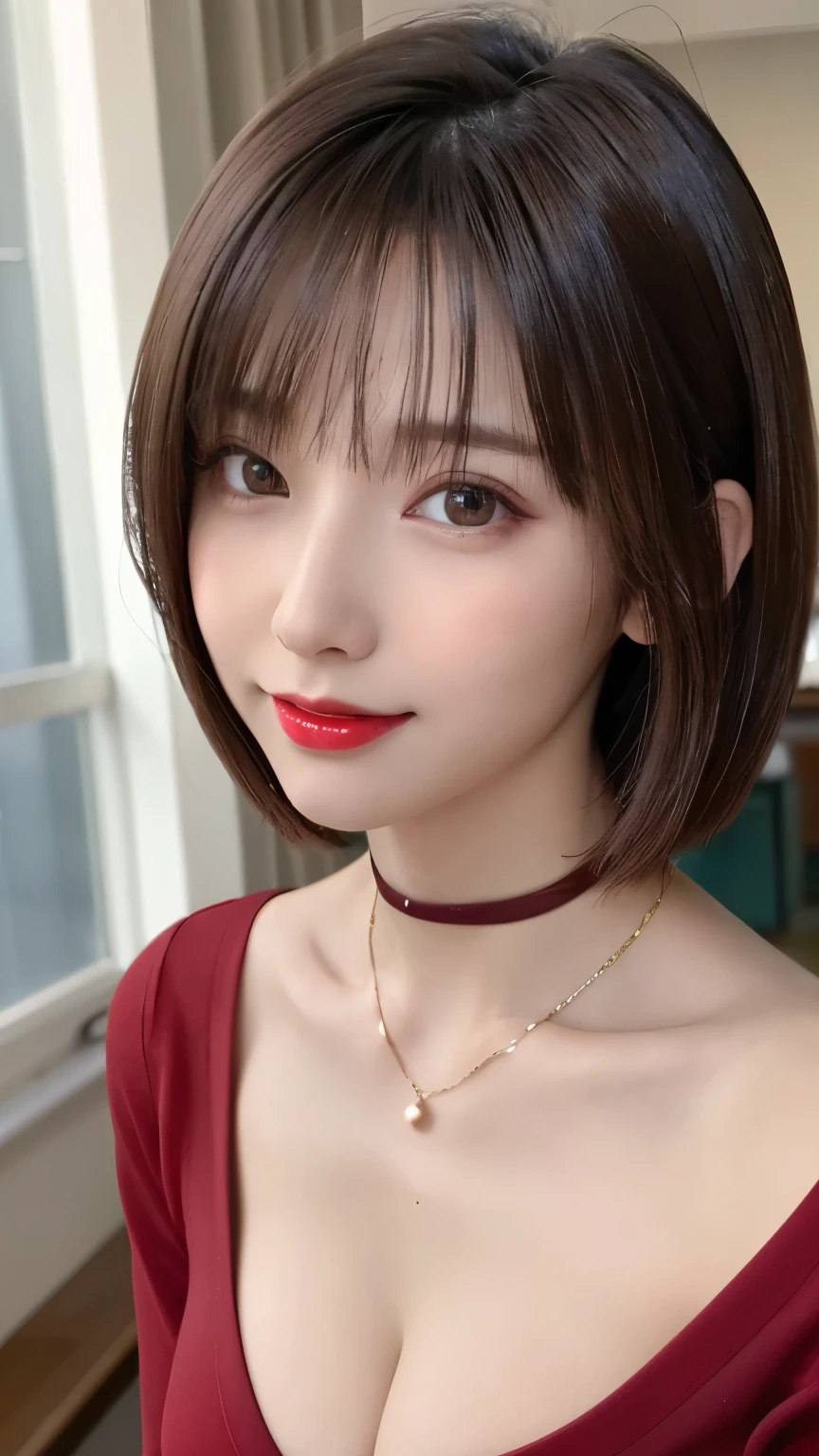 (highest quality、on the table、8K、best image quality、Award-winning work)、(young girl, :1.3)、(Perfect V-neck long red sweater:1.2)、(red eyeshadow:1.2)、perfect makeup、long eyelashes、Ultra HD Shining Eyes、ultra hd hair、ultra high resolution glossy lips、Super high resolution perfect teeth、Super high resolution cute face、brown hair、(very short straight hair:1.1)、look at me and smile、[clavicle]、accurate anatomy、Luxury love hotel、(the moodiest warm light:1.2)、blurred background、have bangs、Super high-resolution glossy and moisturized face、Super high resolution glowing skin、The most delicate face、Ultra high resolution detailed faces、ultra high resolution hair、Super high resolution shining eyes、A beautiful face with detailed expressions、Super high resolution glossy red lips、big breasts、Split、fashion necklace、white camisole