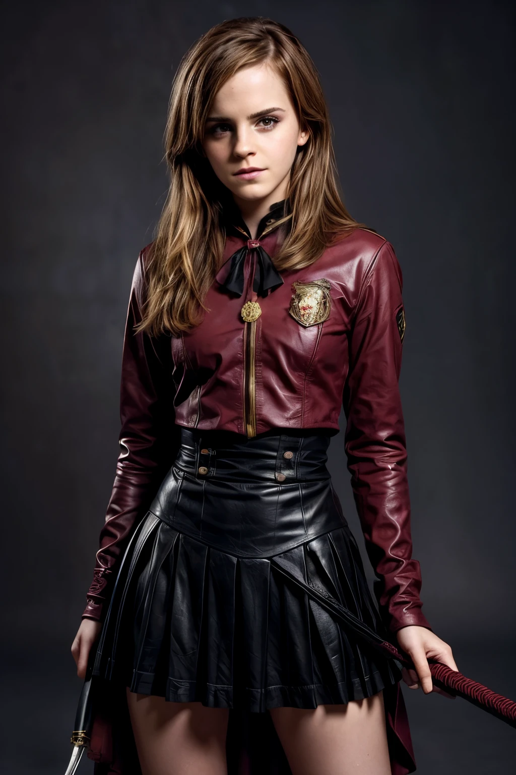 25 year old Emma watson, gryffindor uniform, holding bdsm flogger in right hand, dominatrix, strict pose