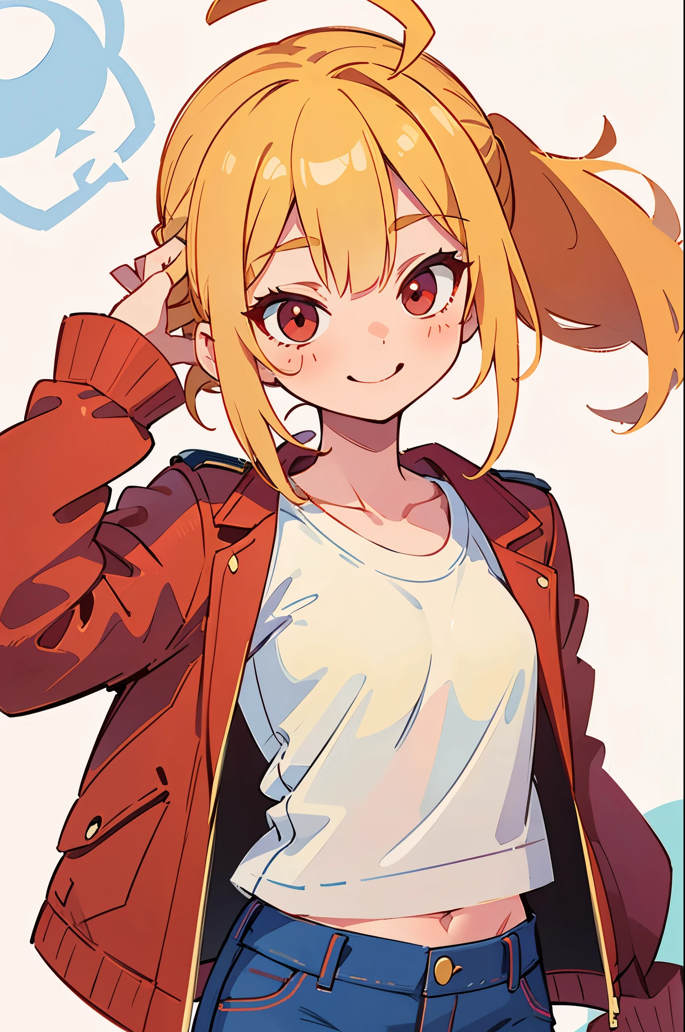 17 year old girl、blonde ponytail、Ahoge、big round red eyes、evil smile、small breasts、white t-shirt、red leather rider jacket、blue jeans pants、upper body close-up