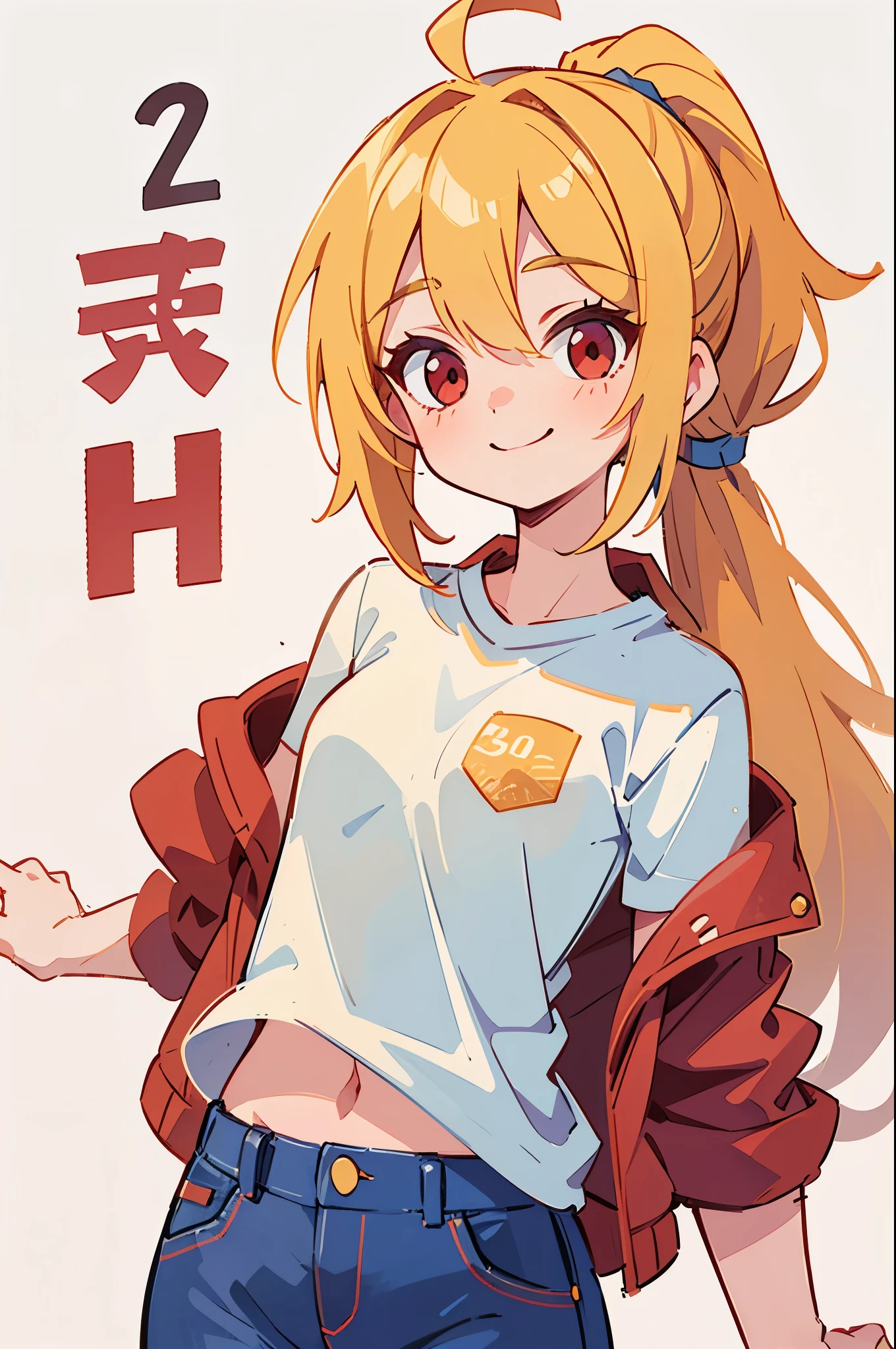  girl、blonde ponytail、Ahoge、big round red eyes、evil smile、small breasts、white t-shirt、red leather rider jacket、blue jeans pants、upper body close-up