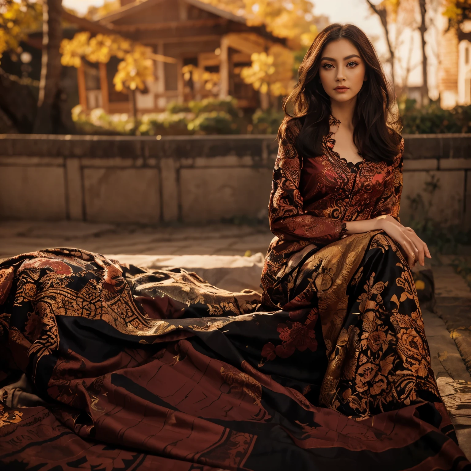 Masterpiece, Best Quality, 3D Rip Artwork, 3DMM Style, Close-up, Portrait, Realism, a woman beautifully makeup, eyeshadow, Parted Lips, Challenge Eye, beautiful big eyes, long eye lashes, (( red n black batik satin shirt)), strolling on bed with rose flower