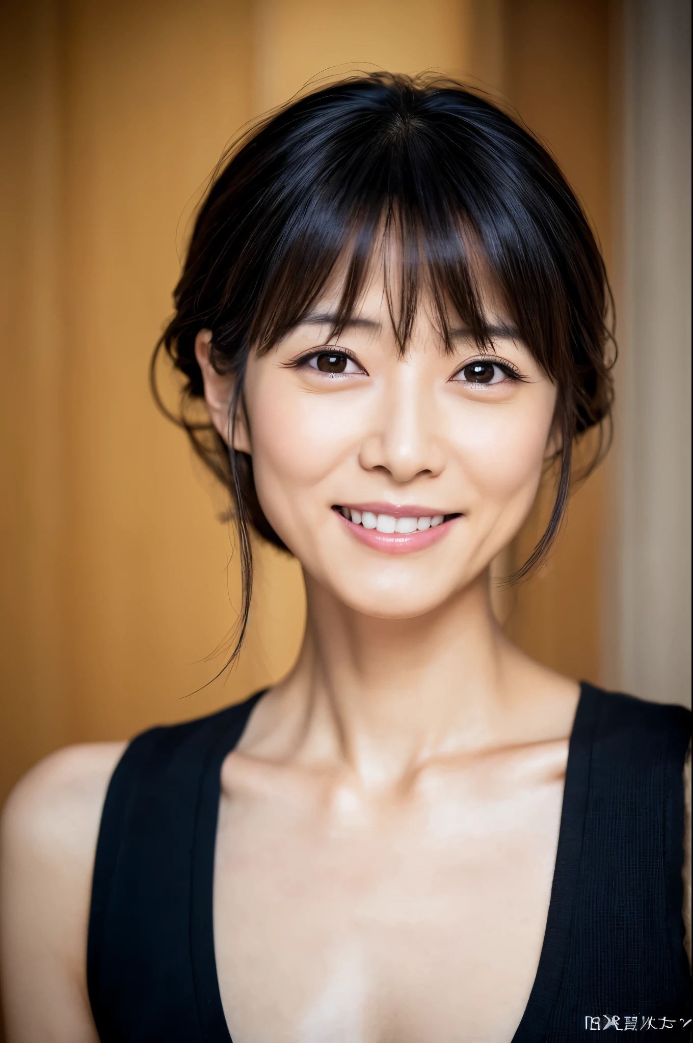 portrait, in 8K, high quality, Realistic photo images, 40 years old, Skinny Japanese lady, Neat and clean girls, very thin waist, lovely wife, bare shoulders, Reproduce natural and realistic eyes, Beautiful black hair, light make-up, beautiful lighting, Composition of the golden ratio, Natural background, blurred background, Pure Japanese human features, Slight smile