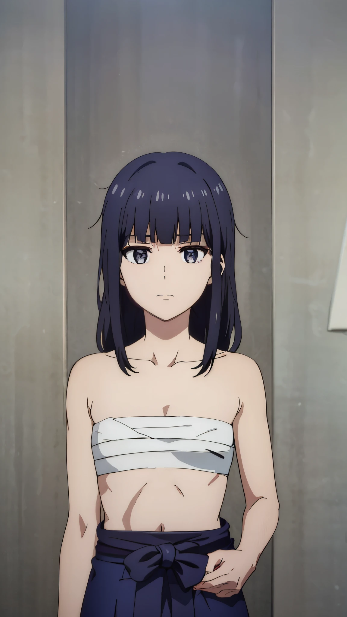 short girl, masterpiece, highres, solo, 8k, detailed, perfect face, best quality, (ultra high quality), looking viewers, (armpit), collarbone, bare arm, small breast, cleavage, black hair, long hair, black eyes, small pupils, belly, stomach, navel, abs, sarashi chest, bandaged breast, (blue hakama), slim body, upper body, emotionless, flat face, at forest, hands up
