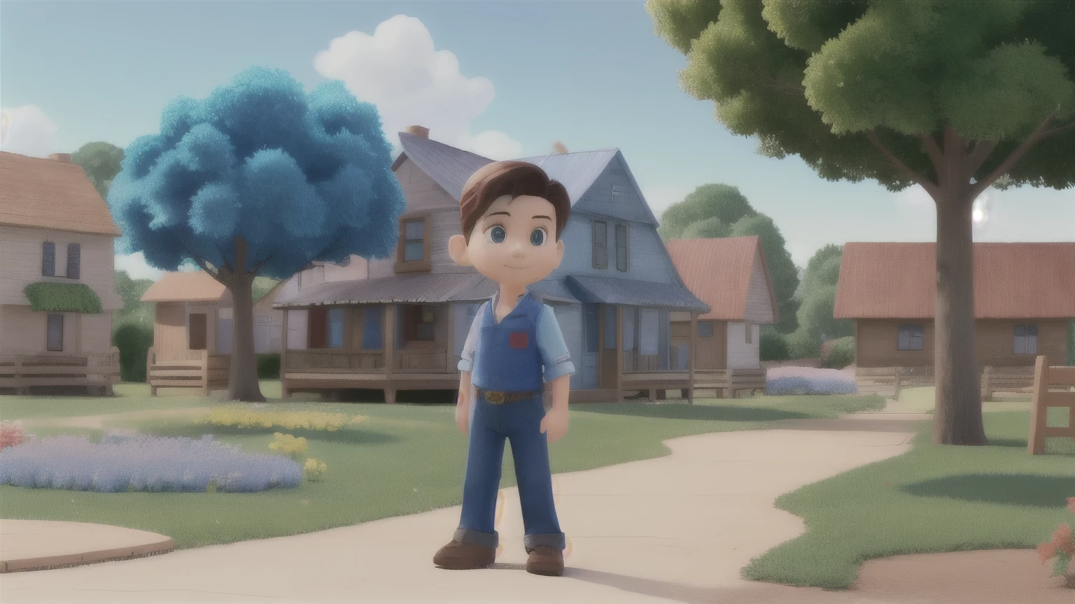 Small town scene, where we see an 8-year-old boy dressed in blue pants and red flannel, lleva puesto unos zapatos de color blanco y esta jugando en el jardin, background is filled with 3D Pixar Style, high resolution