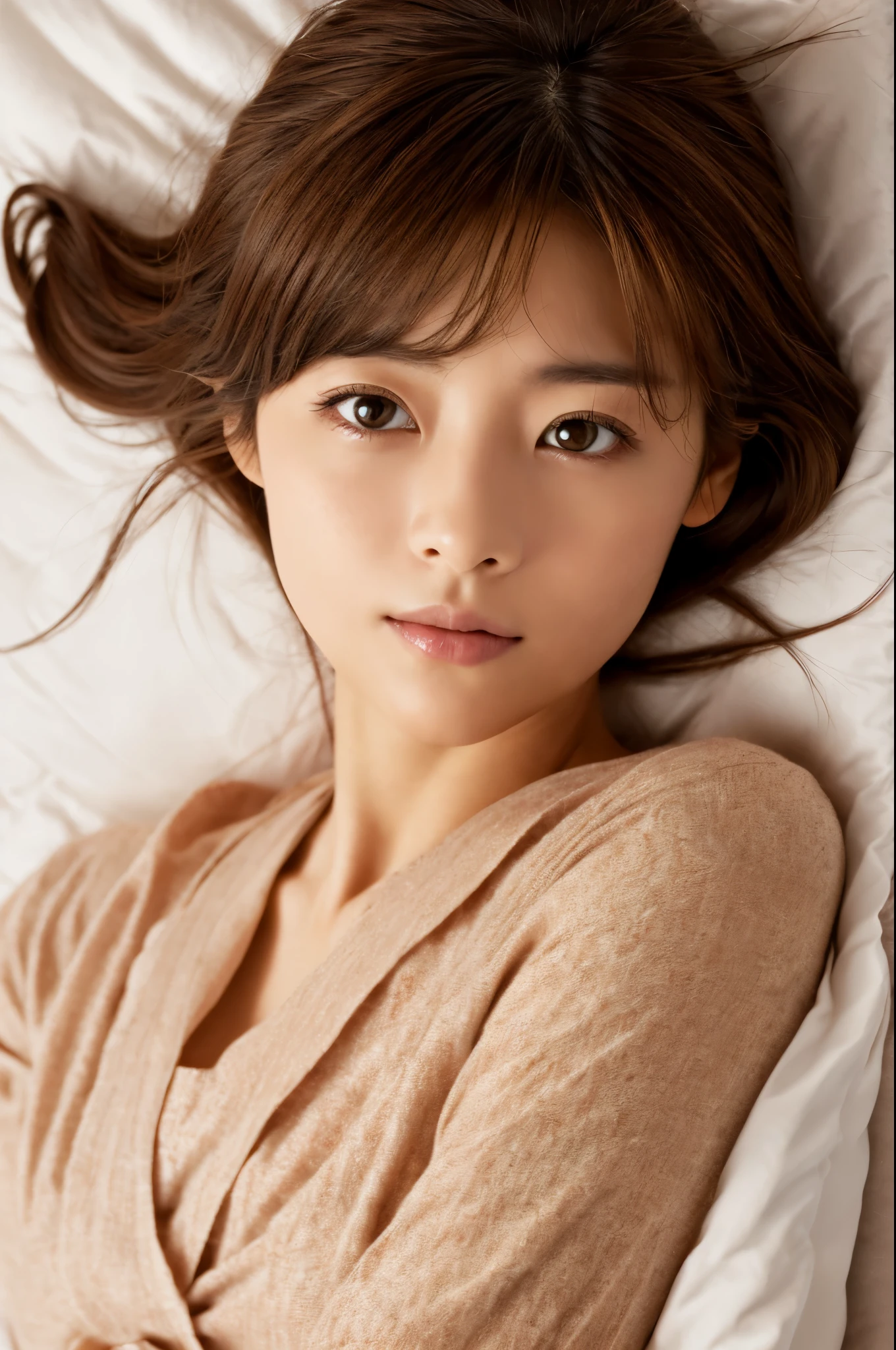 masterpiece, best quality, 1girl in, (a skinny Japanese woman, delicate lady:1.3), (30 years old:1.3), very fine eye definition, (symmetrical eyes:1.3), detailed face, detailed eyes, (lying on stomach, lay head down, lower head:1.3), (close up to face, zoom in face, face focus:1.2), (wrap with a white comforter,:1.3), small breasts, brown eyes, parted bangs, brown hair