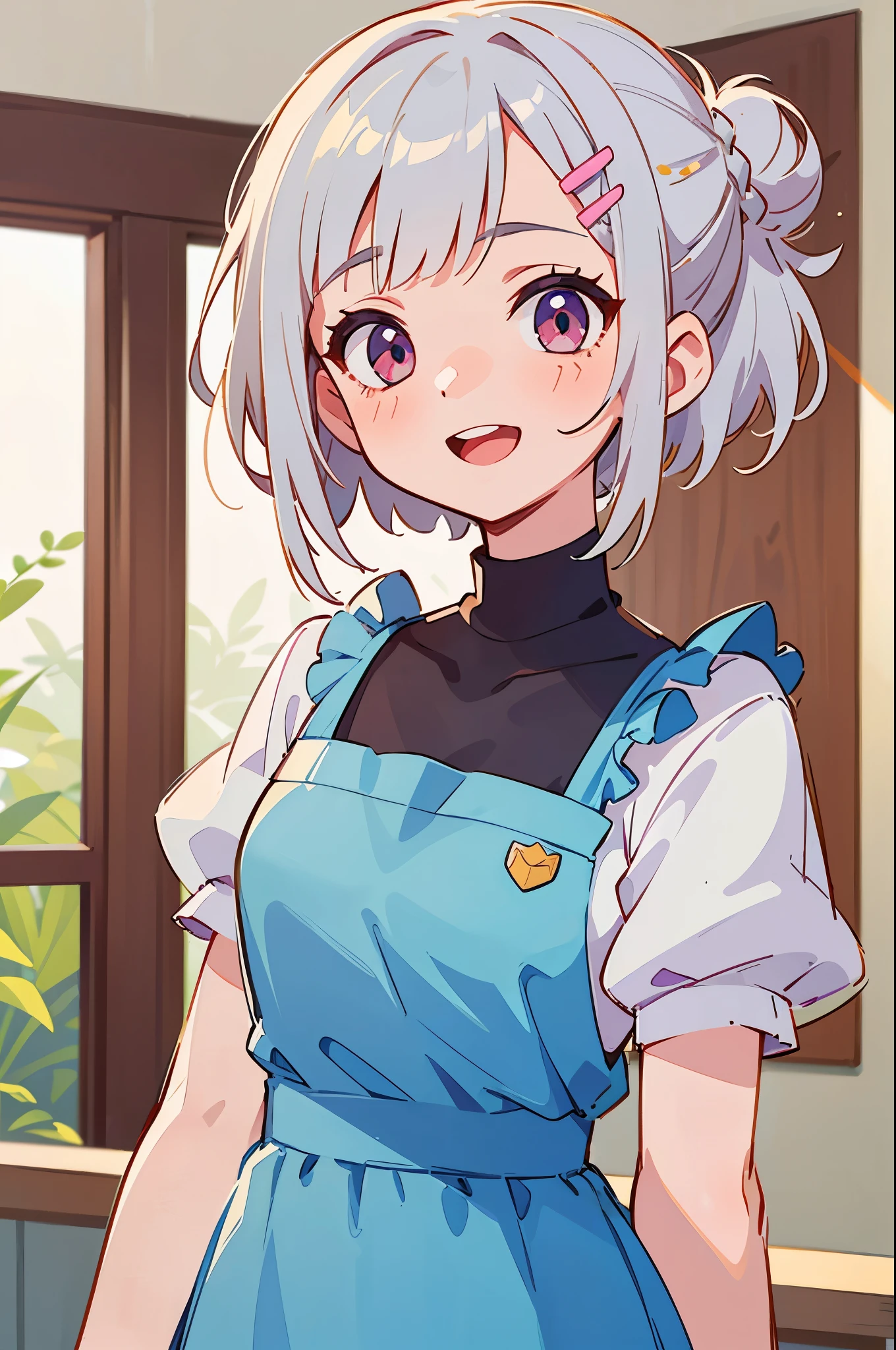 1 girl、anime painting、Short hairstyles for silver hair and bob、Hair tied up in a bun with a hair clip、Shining pink round eyes、smile、opened your mouth、white blouse、blue skirt、Apron appearance、indoor、morning、Cafe、upper body close-up、sharp outline