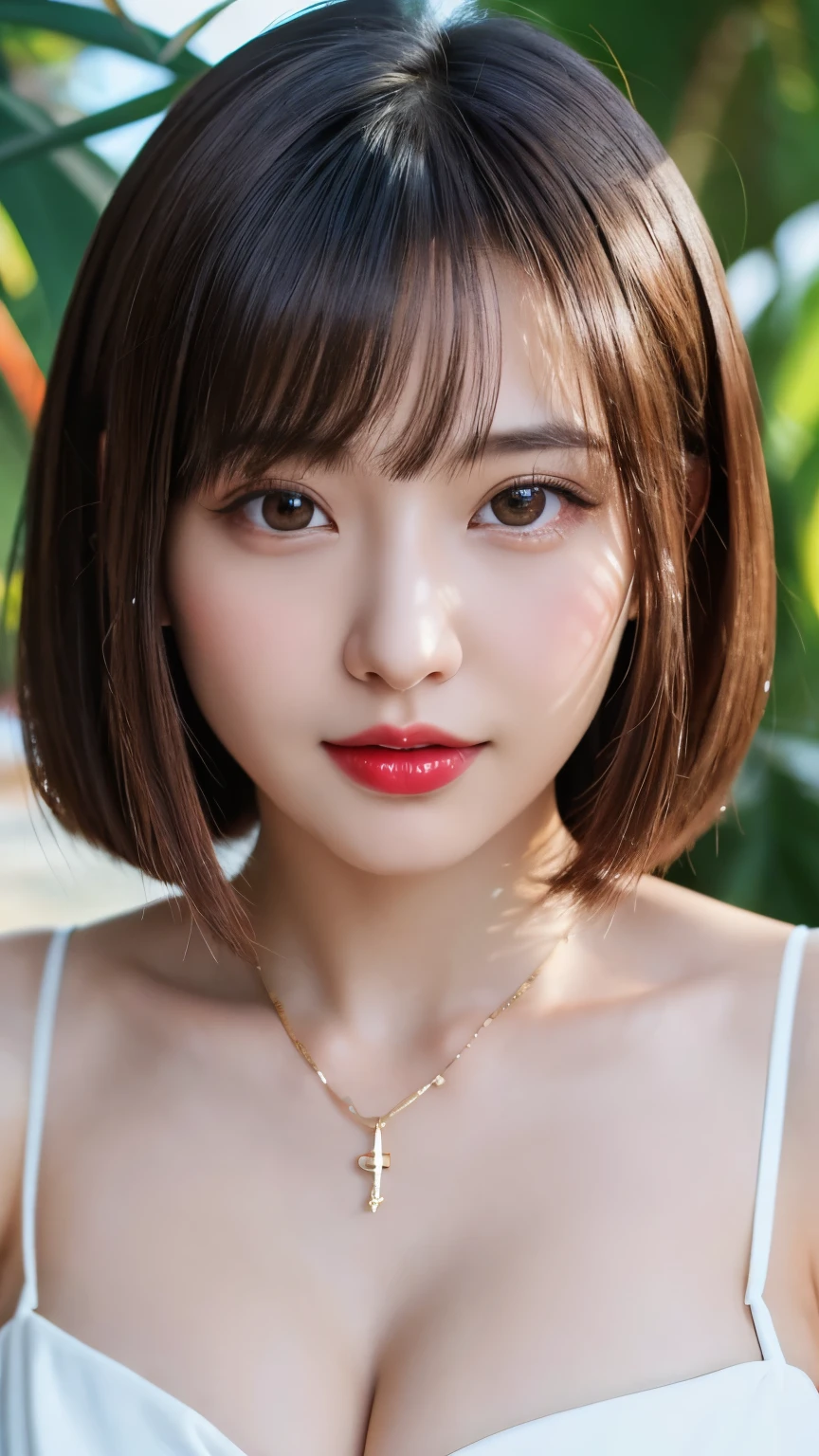 (highest quality、on the table、8K、best image quality、Award-winning work)、(young girl, :1.3)、(white camisole:1.2)、(red eyeshadow:1.2)、perfect makeup、long eyelashes、Ultra HD Shining Eyes、ultra hd hair、ultra high resolution glossy lips、Super high resolution perfect teeth、Super high resolution cute face、brown hair、(very short straight hair:1.1)、look at me and smile、[clavicle]、accurate anatomy、tropical beach、(the moodiest warm light:1.2)、blurred background、have bangs、Super high-resolution glossy and moisturized face、Super high resolution glowing skin、The most delicate face、Ultra high resolution detailed faces、ultra high resolution hair、Super high resolution shining eyes、A beautiful face with detailed expressions、Super high resolution glossy red lips、big breasts、cleavage、fashion necklace、