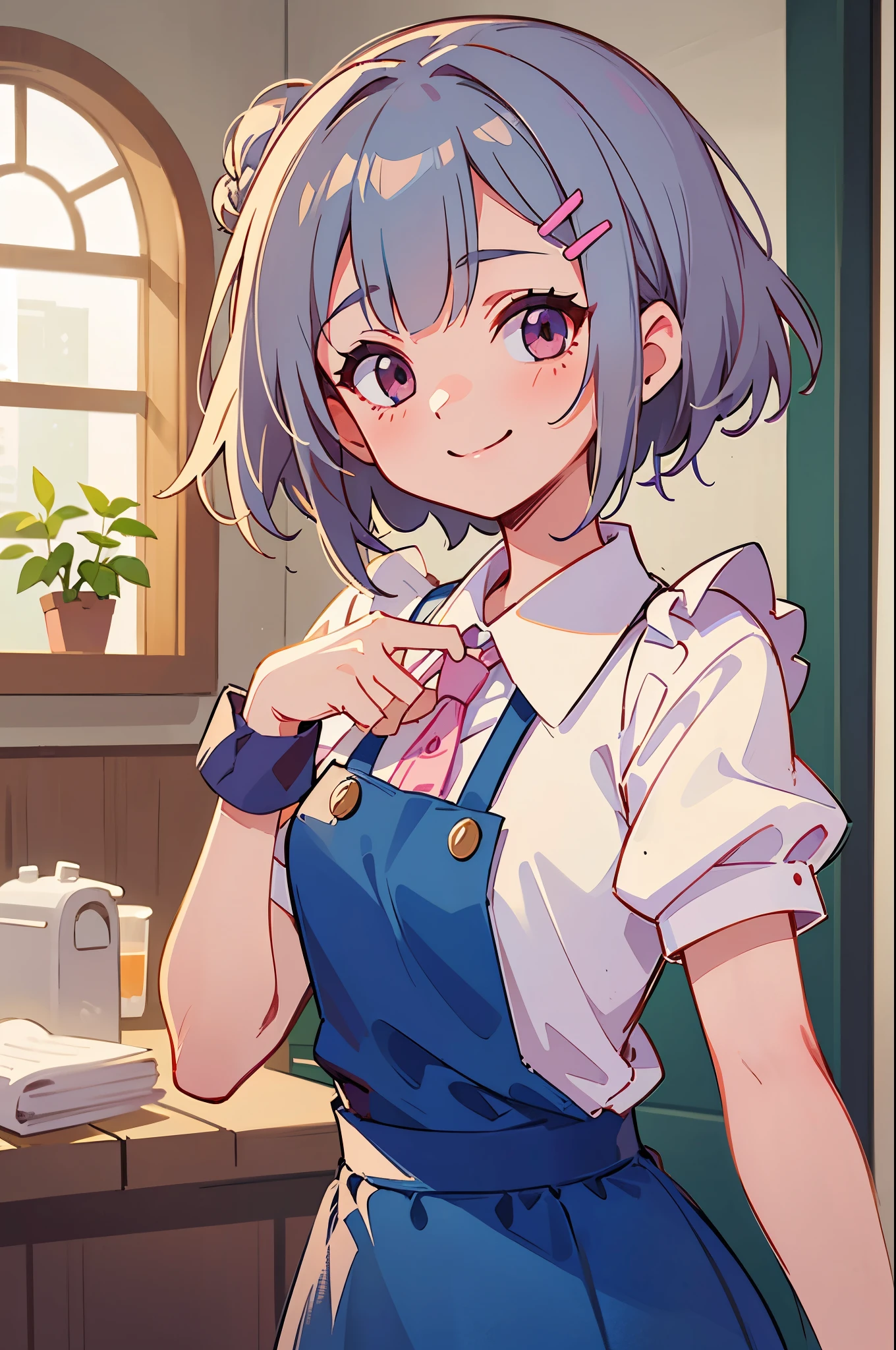 1 girl、anime painting、Short hairstyles for silver hair and bob、Hair tied up in a bun with a hair clip、Shining pink round eyes、evil smile、white blouse、blue skirt、Apron appearance、indoor、morning、Cafe、upper body close-up、sharp outline