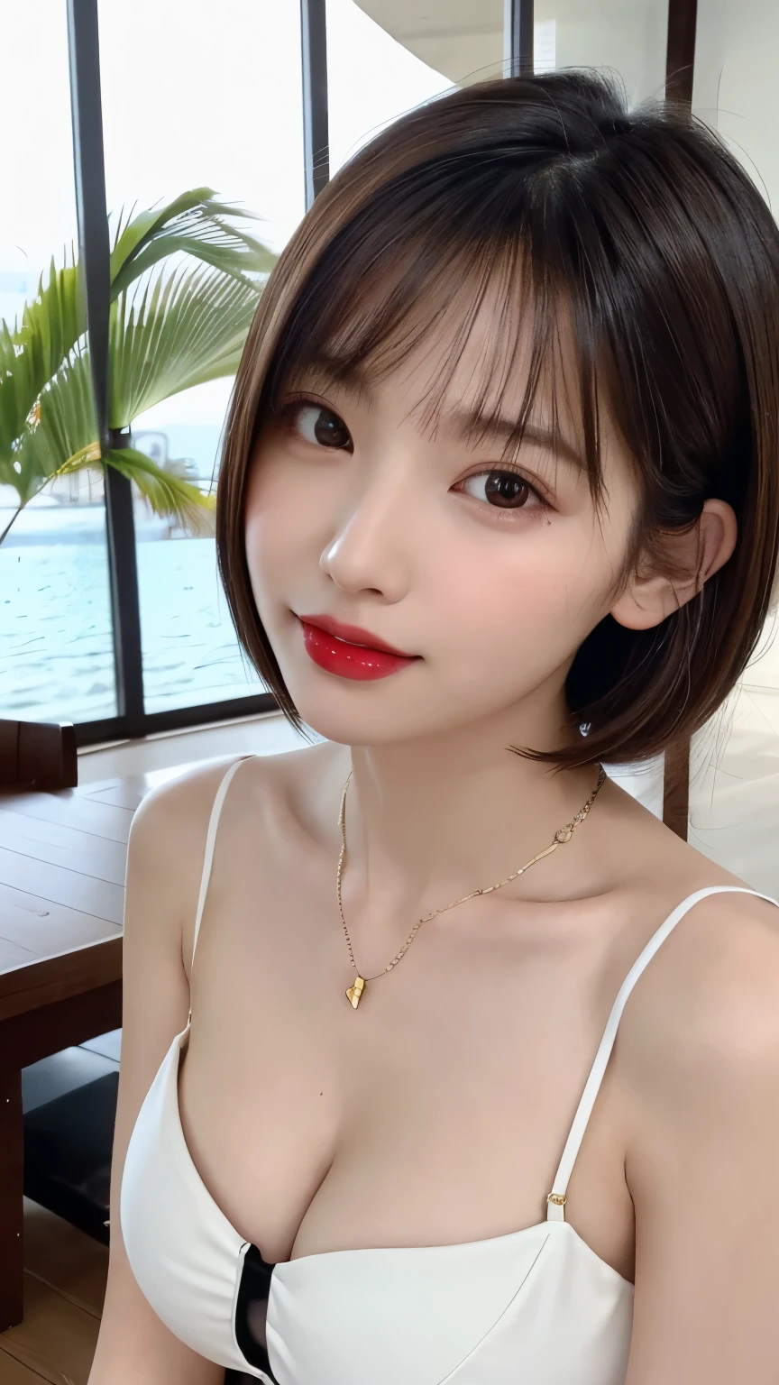 (highest quality、on the table、8K、best image quality、Award-winning work)、(young girl, :1.3)、(white camisole:1.2)、(red eyeshadow:1.2)、perfect makeup、long eyelashes、Ultra HD Shining Eyes、ultra hd hair、ultra high resolution glossy lips、Super high resolution perfect teeth、Super high resolution cute face、brown hair、(very short straight hair:1.1)、look at me and smile、[clavicle]、accurate anatomy、tropical beach、(the moodiest warm light:1.2)、blurred background、have bangs、Super high-resolution glossy and moisturized face、Super high resolution glowing skin、The most delicate face、Ultra high resolution detailed faces、ultra high resolution hair、Super high resolution shining eyes、Beautiful face with delicate expression、Super high resolution glossy red lips、big breasts、cleavage、fashion necklace、