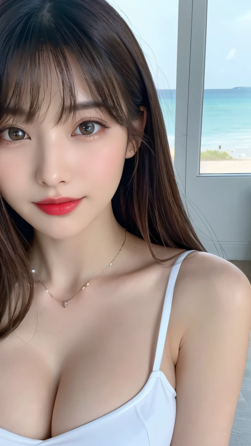 (highest quality、8K、best image quality、Award-winning work)、(young girl, 18-year-old:1.3)、(white camisole:1.2)、(red eyeshadow:1.2)、perfect makeup、long eyelashes、Ultra HD Shining Eyes、ultra hd hair、ultra high resolution glossy lips、Super high resolution perfect teeth、Super high resolution cute face、brown hair、(very short straight hair:1.1)、look at me and smile、[clavicle]、accurate anatomy、tropical beach、(the moodiest warm light:1.2)、blurred background、have bangs、Super high-resolution glossy and moisturized face、Super high resolution glowing skin、The most delicate face、Ultra high resolution detailed faces、ultra high resolution hair、Super high resolution shining eyes、Beautiful face with delicate expression、Super high resolution glossy red lips、big breasts、cleavage、fashion necklace、