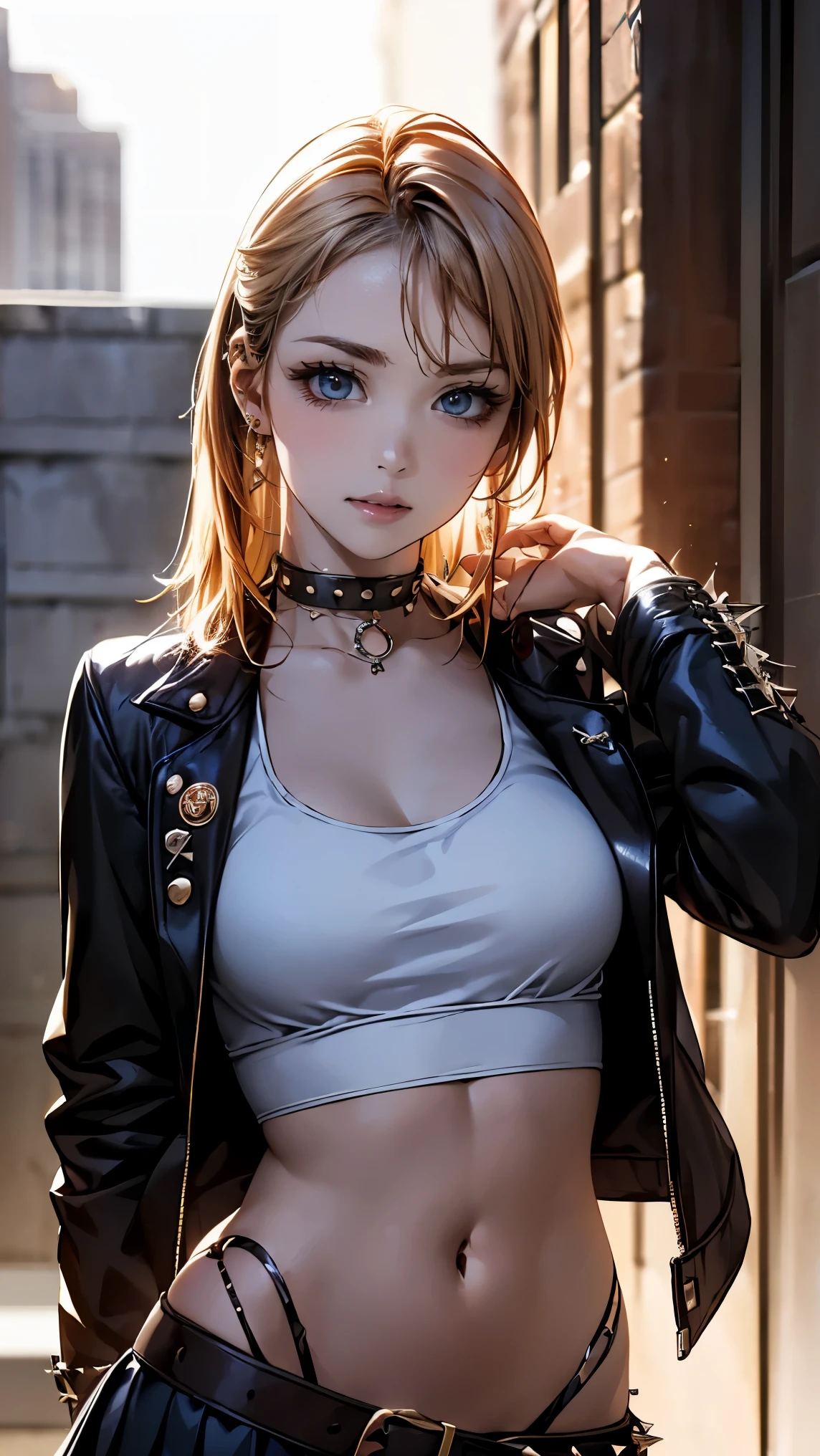 masterpiece, highest quality, 1 girl, alone, Stylish crop top, bright golden hair, Elegant braid, Soft bangs, Charming choker, (graffiti:1.5), Artistic paint splatters, Seductive arms folded behind your back, leaning against the wall, looking at the viewer, Fashionable armband, urban hip hop style, flirtatious skirt, playful head tilt, intense expression, warm orange hues, Dynamic asymmetrical design, Bold geometric shapes, クリエイティブなストリートアートthin waist, long limbs, big breasts,  ((erect nipples)), thin waist,