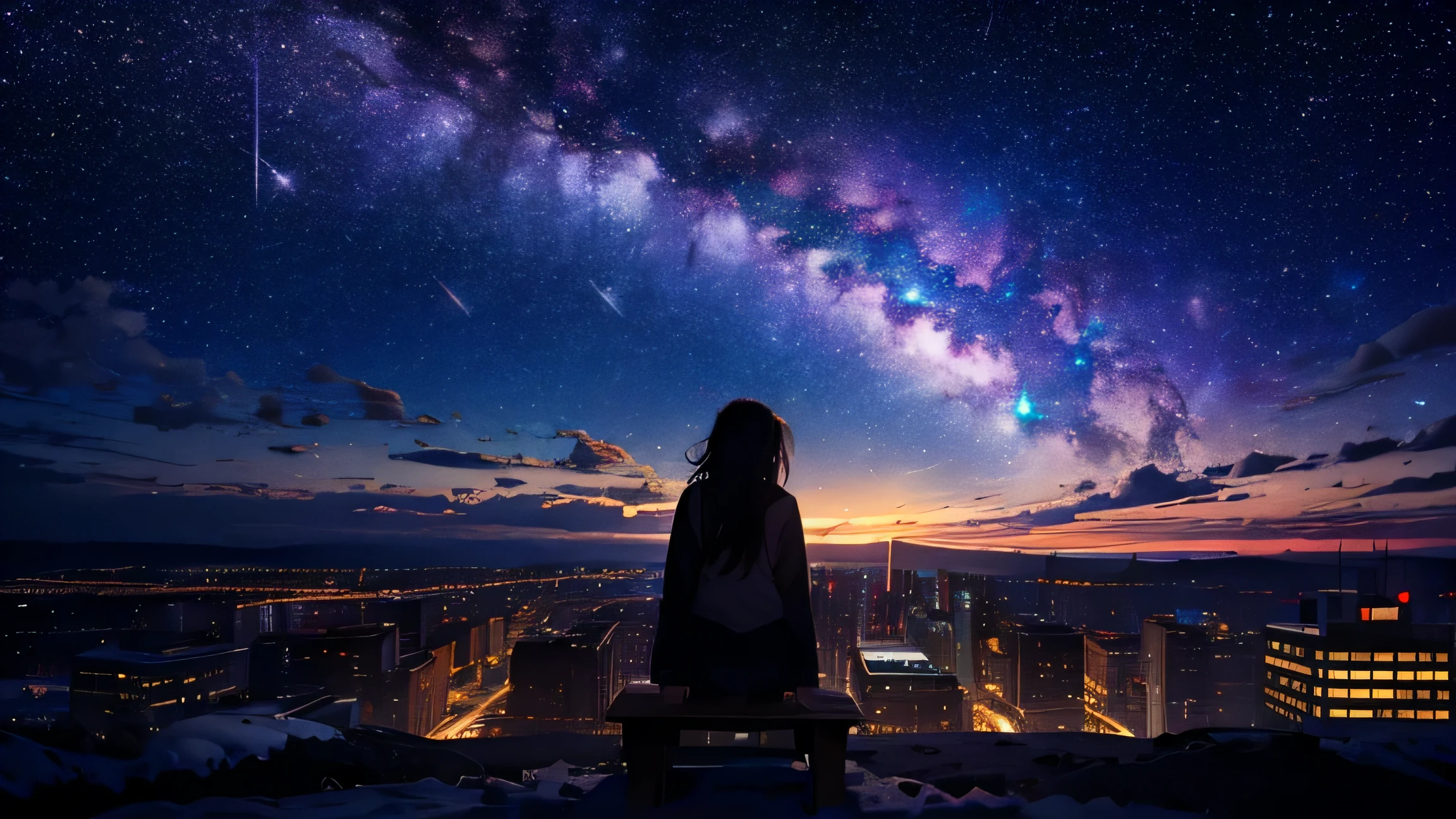 octane, null, star (null), scenery, starry null, night, 1 girl, night null, alone, outdoor, building, cloud, milky way, sitting, wood, long hair, city, silhouette, cityscape