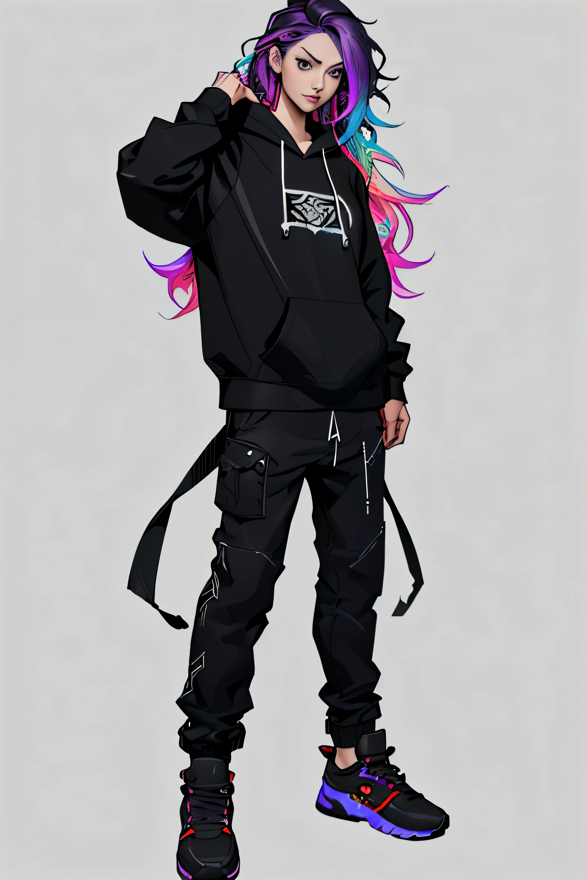 1 girl, kaisa league of legends, wavy hair, rainbow hair, purple hair, teenager, hyper realistic hands, detailed hyper realistic eyes, hoodie, pants, black clothing, light background, full body, long hair, teenager, tribal tattoo, colorful parts, sketchbook, hand drawn hand, symbols, dark , bold, realistic sketch, sketch, mixing dark lines and loose lines, bold lines, on paper, turn on character sheet, human woman, grey eyes, full body, imposing pose, lots of details, stylish outfit, symbols, runes , dark theme , black shirt, beautiful, pretty, modest