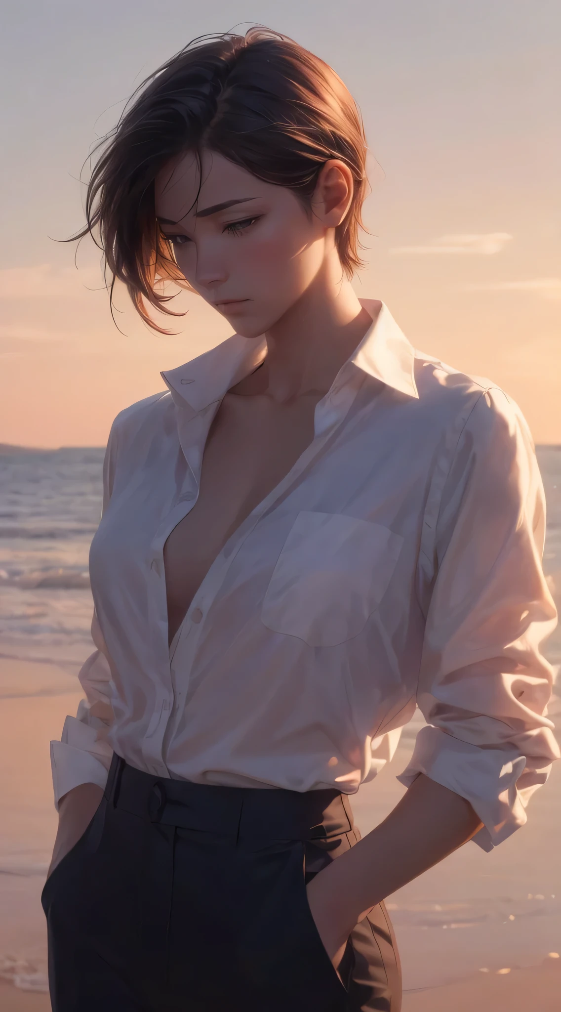 (best quality, masterpiece:1.2), A beautiful Korean woman with a glamorous figure, neat short hair, seen from the side, wearing dress pants and a white button-up shirt, stands by the sea under the evening sunset