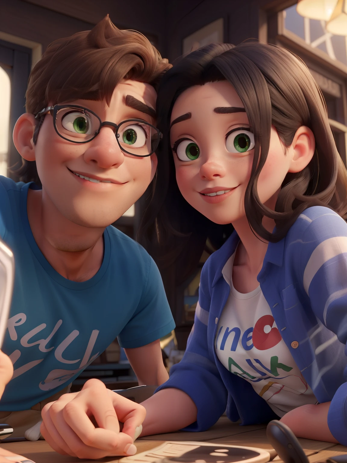 they are posing for a photo in an area crowded with people, foto vazada, imagem vazada, lovely couple, with sunset, Fotografia selfie 8k, programa de TV amigos 90, desenho animado, olhos perfeitos, cor perfeita Disney Pixar, realista, cor perfeita Disney Pixar, realista, Ultra sharp, 8k, homem vestindo camisa azul & camisetas pretas, mulher vestindo camisa branca & camisetas verdes, mulher de cabelo preto, homem de cabelo castanho, Black sunglasses, afternoon vibes, studio light