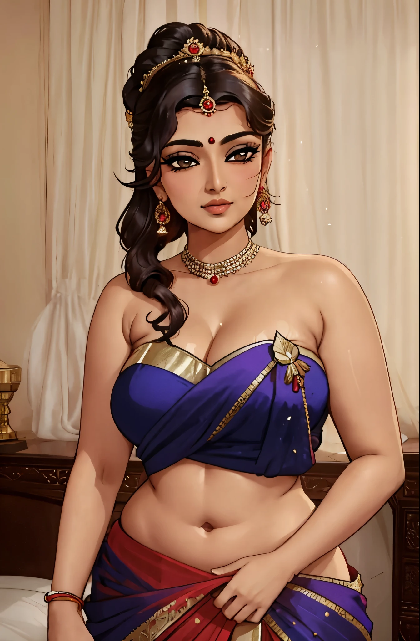Wearing a sexy satin saree with strapless Bra, sexy Indian housewife, Looks like Indian Actress Nayanthara, actress Nayanthara, mallu, mallu aunty, desi aunty, full figured mature beauty, sweaty skin , shining skin, sweat, attractive figure, 48 years old, desi milf, desi aunty, a close up of a woman in a red dress in a bedroom, inspired by Avigdor Arikha, sleek!!!, indian super model, wavy hair combed to one side, actress, by Jitish Kallat, smoldering, intense smoldering, fashion, an angel, print ready, with a dramatic looking, inspired by Sudip Roy, seductive look, sexy Saree queen, sexy Saree fashion, seductive Saree, wear saree, sizzling hot Beauty,