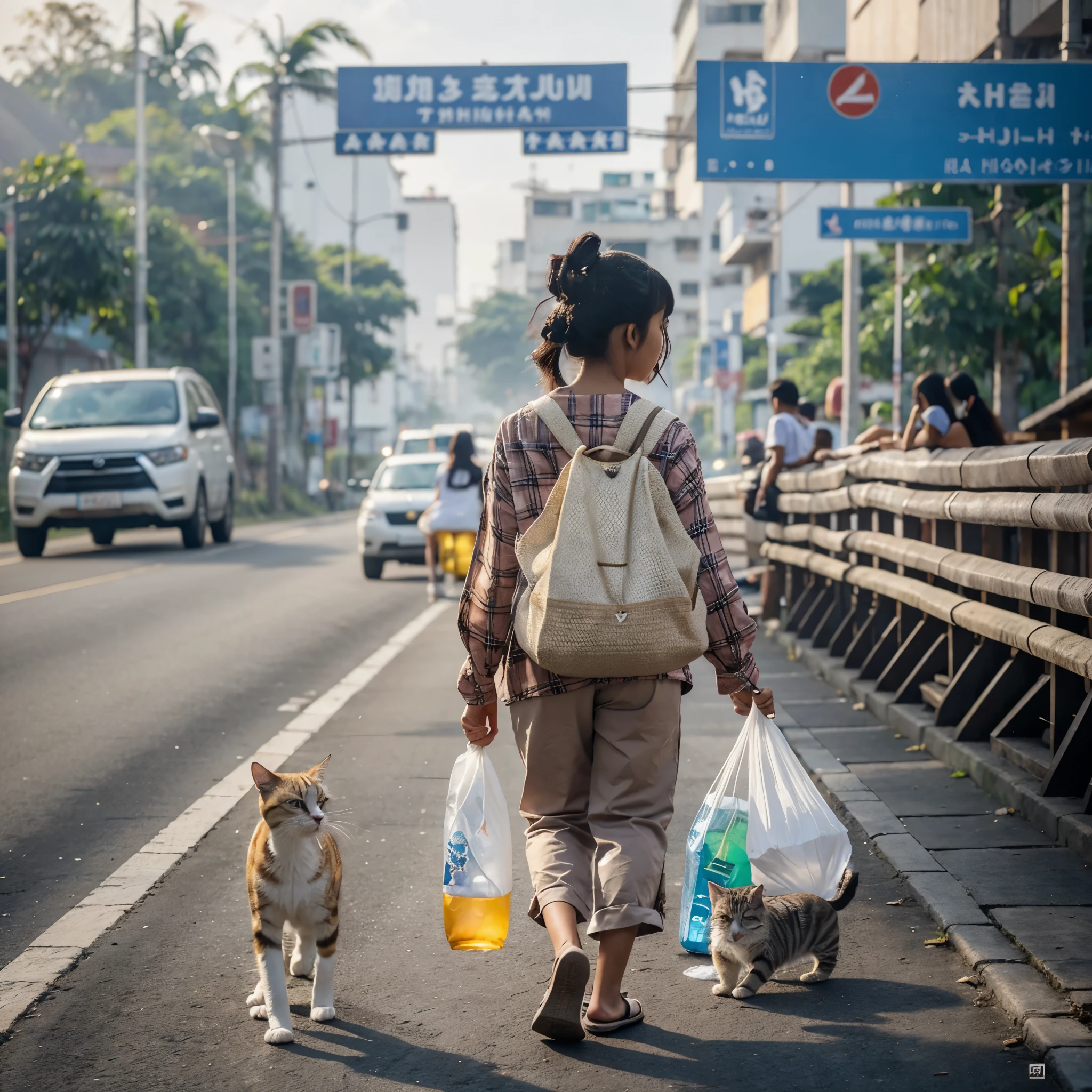 anak laki usia 5 tahun memakai baju lusuh,tidak mengenakan alas kaki,ditangan nya membawa karung berisikan botol bekas,sedang berjalan menghadap depan,area pejalan kaki pinggir jalan raya,dibelakangnya ada seekor kucing yang lusuh mengikutinya,suasana sore hari,foto sangat realistis ultra hd,jernih,nyata,best quality