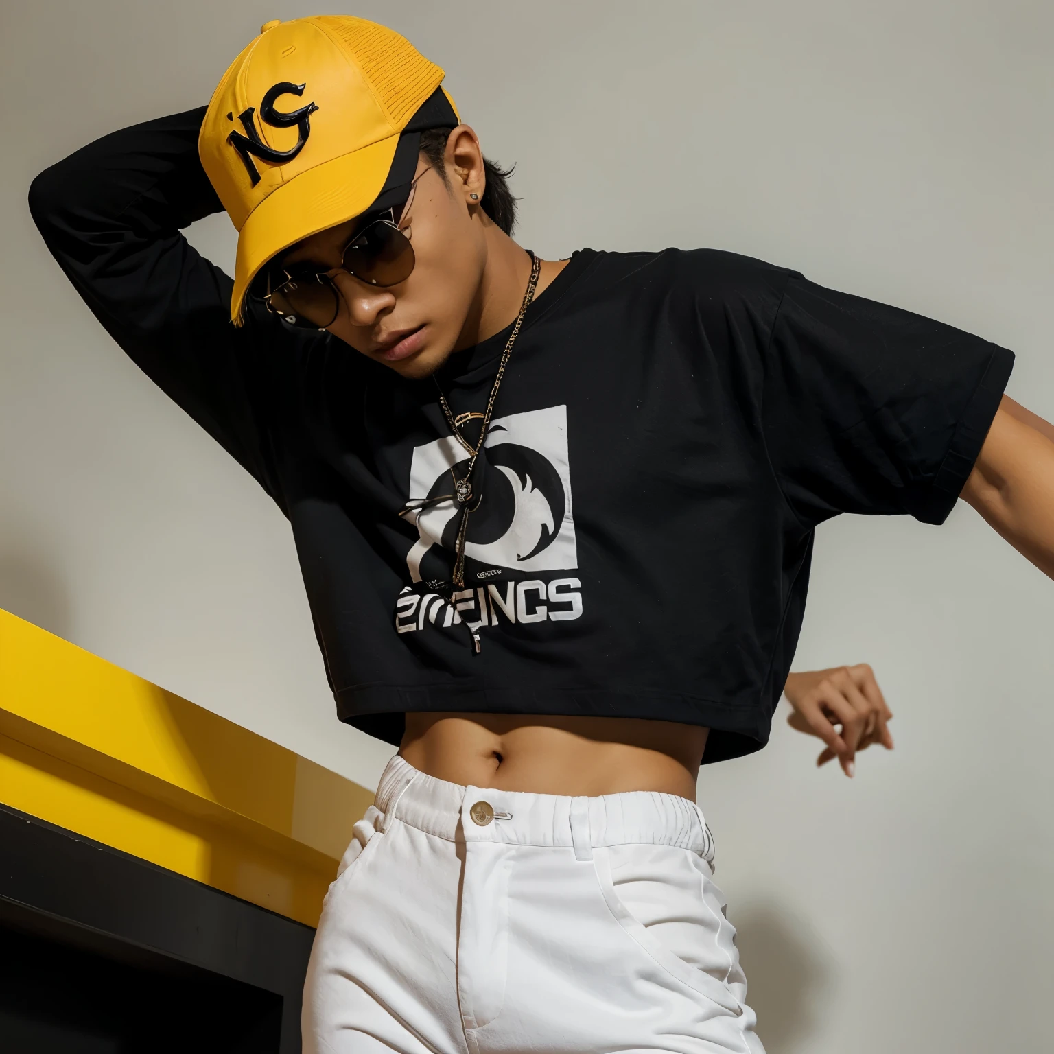 Un jugador de free con gorra blanca,lentes negros puestos,torso de Ying yang amarillo de fire y pantalones angelicales