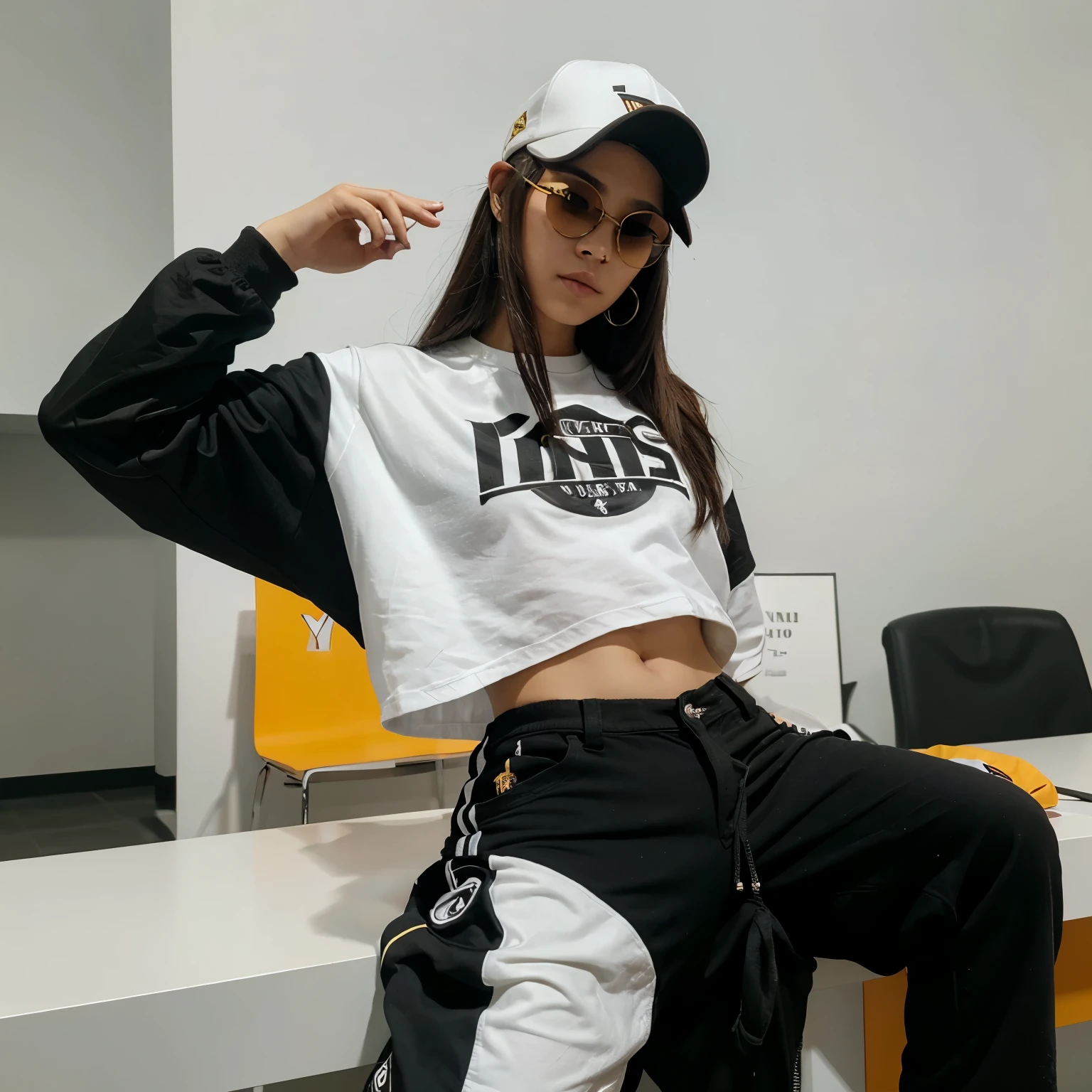 Un jugador de free con gorra blanca,lentes negros puestos,torso de Ying yang amarillo de fire y pantalones angelicales
