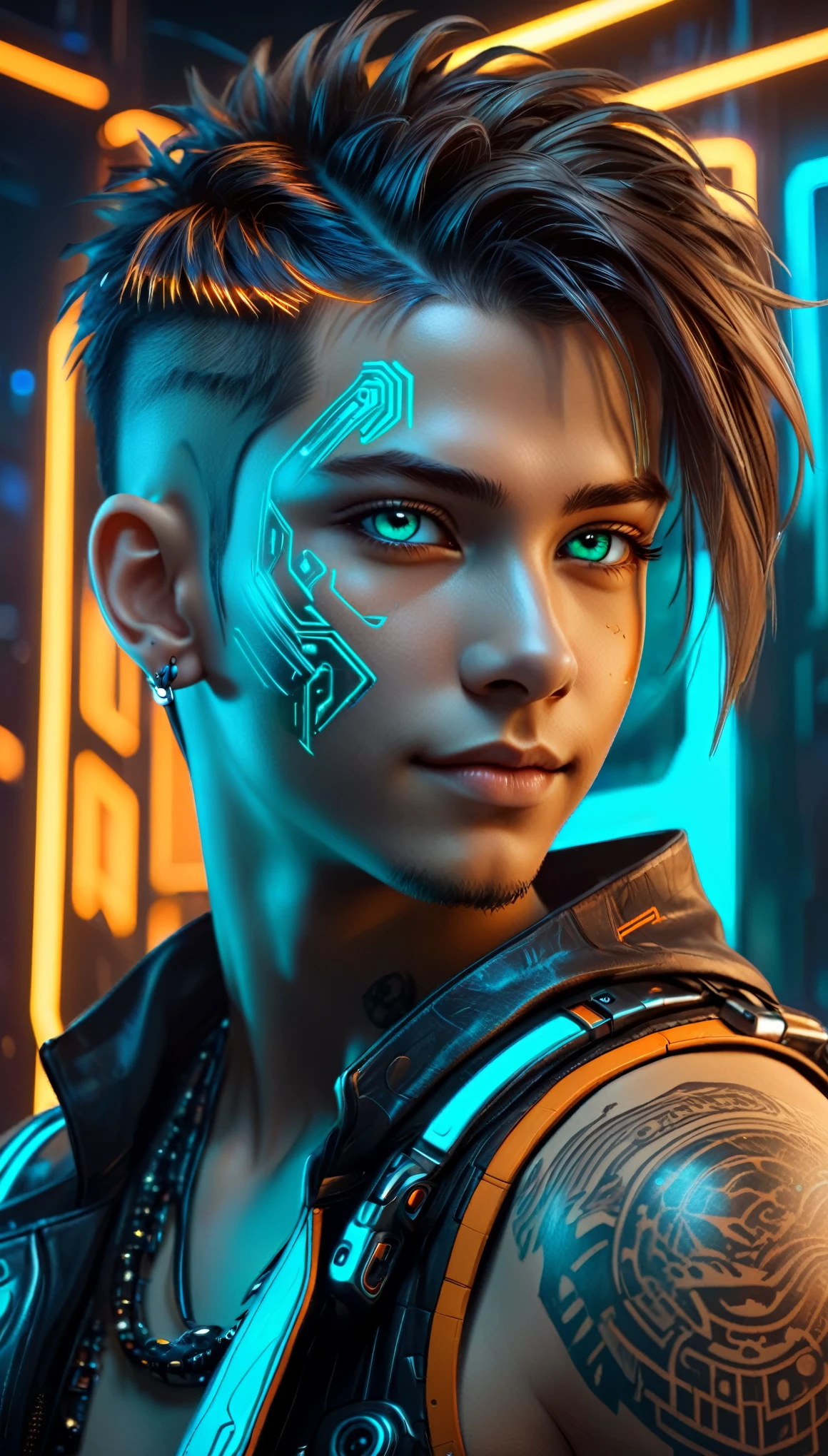 whole shot:1.4, full body: 1.4, ((a confident sensual and beautiful young man, ultra detailed)), ((sensual smile, with a tattoo on his arm and cheek, beautiful and masculine hairstyle, young and beautiful cyberpunk, beautiful cyberpunk boy face light brown eyes:1.4)), dreamy, ((beautiful and detailed hair, soft and luminous:1.3)), dark night environment, night colors, violet, blue, black, gray, ultra-realistic 8k, cyberpunk 20 years. a model child, the portrait, highly detailed 32k digital art, beautiful digital artwork, Cyborg Cyberpunk. ((orange, cyan, brown colors: 1.2)), 8k realistic digital art, soft neon lighting on the face and body, whole shot: 1.4, (( Highly detailed: 1.4), (( masterpiece )), (Hyper detailed and beautiful: 1.3), (Photorealistic: 1.4)