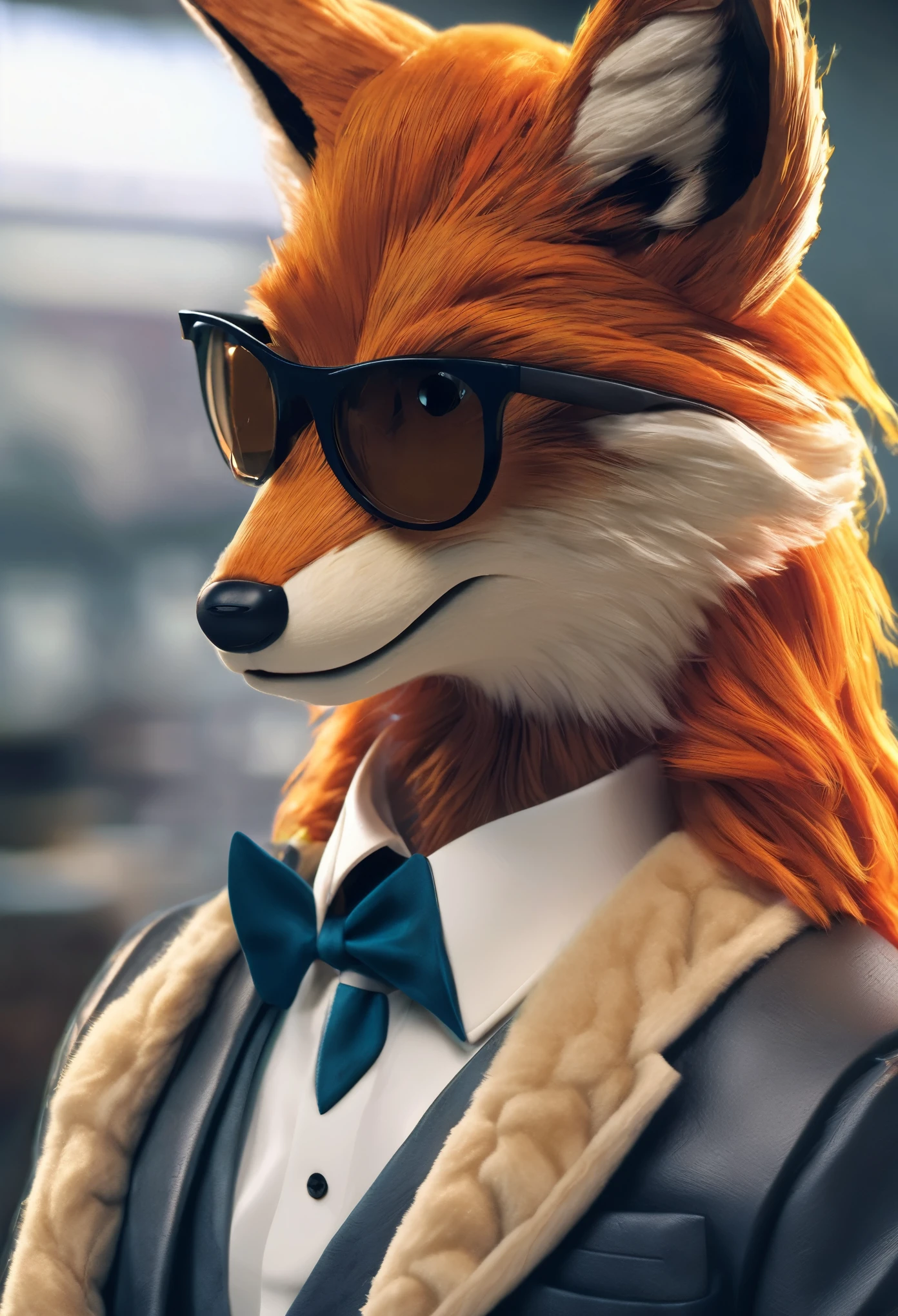 (ultra detailed), a stunning and intricately crafted full-size portrait of a magnificent male fox anthro in a fursuit, exuding strength and confidence. The fursuit clings to his muscular form, accentuating his physique, while a tantalizingly tight and alluring thong adds a touch of sensuality. Nestled on his snout are a pair of nerdy glasses, giving him an intellectual charm. The scene unfolds in a bustling movie studio, where our foxy protagonist finds himself engrossed in the pages of a hentai manga, enveloped in absolute silence. The artwork is brought to life with a mesmerizing 3D cinematic style, capturing the essence of a Hollywood live-action spectacle. And to complete his