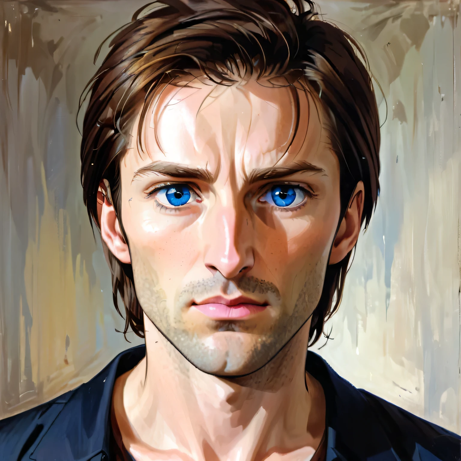 portrait of a man, with brown hair, blue eyes, a thin and somewhat long nose, a fine face, an intense gaze, 39 years old , agressif 