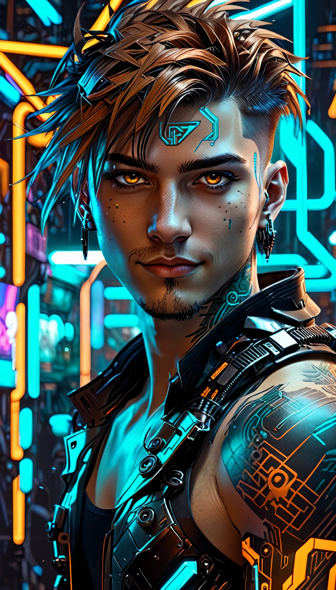 whole shot:1.4, full body: 1.4, ((a confident sensual and beautiful young man, ultra detailed)), ((sensual smile, with a tattoo on his arm and cheek, beautiful and masculine hairstyle, young and beautiful cyberpunk, beautiful cyberpunk boy face light brown eyes:1.4)), dreamy, ((beautiful and detailed hair, soft and luminous:1.3)), dark night environment, night colors, violet, blue, black, gray, ultra-realistic 8k, cyberpunk 20 years. a model child, the portrait, highly detailed 32k digital art, beautiful digital artwork, Cyborg Cyberpunk. ((orange, cyan, brown colors: 1.2)), 8k realistic digital art, soft neon lighting on the face and body, whole shot: 1.4, (( Highly detailed: 1.4), (( masterpiece )), (Hyper detailed and beautiful: 1.3), (Photorealistic: 1.4)