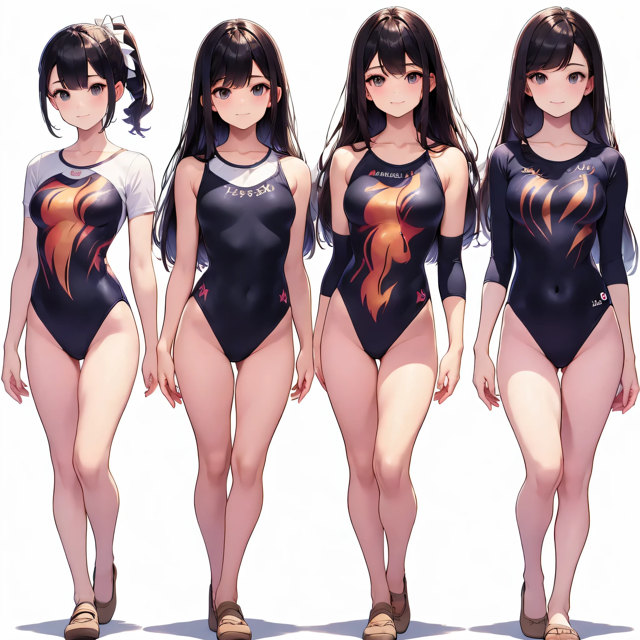 ((full body)),(masterpiece, best quality), (3 girls1.5) ,((Contrapposto:1.5)), looking at viewer, walking,((v_arms:1.2)), wearing gymnastics_longsleeves_leotard_outfit leotard:1.3),(black leotard) ,(flame print:1.3), BREAK masterpiece black hair, ((long hair:1.2)), ((parted bangs:1.3)), black eyes, good hand, ((small breasts)), (over 20 years old, under 25 years old:1.2), , spotlight, happy, smile, BREAK in the class room
