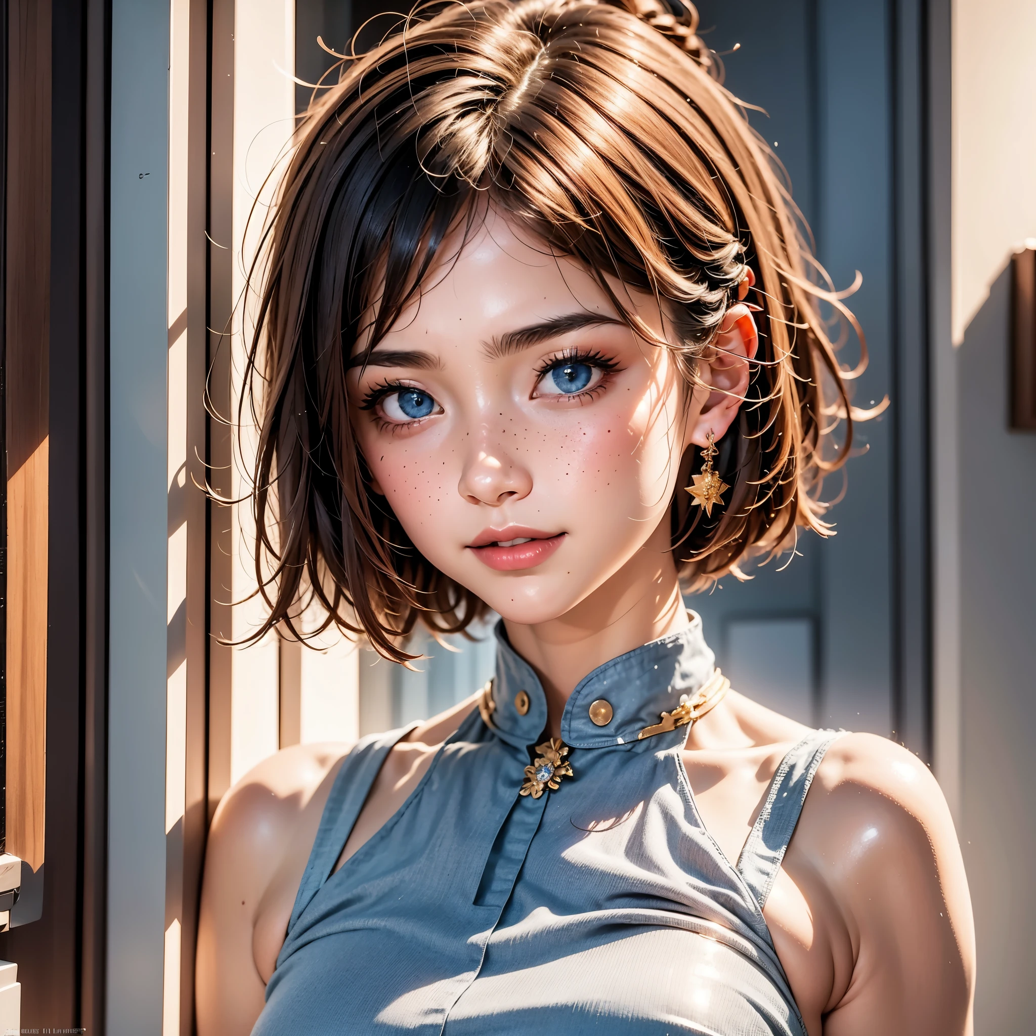 very beautiful, well-groomed girl, With clean skin, normal functions, Beautiful lips, and a slight smile on her face. beautiful figure, modern clothes, cool modern couture dress. presentation background, neutral gray-blue, in virtual space. top quality, 16 thousand.. Full HD, Cinematic rendering. Create a work of art, conveying the unique beauty of baby Michela.., Famous digital influencer. Focus on her unique facial expression, when she looks directly at the camera., trying to capture the intensity of her piercing blue eyes. Channel her signature style with a Spanish-style hairstyle., styled with two carefully crafted hairpieces.. Add details, reflecting her charming and avant-garde personality.. We took care of that, to convey an aura of modernity and originality, which characterizes Lil Miquela in the digital world. ., Some freckles and nevi, and short hair, wrapped