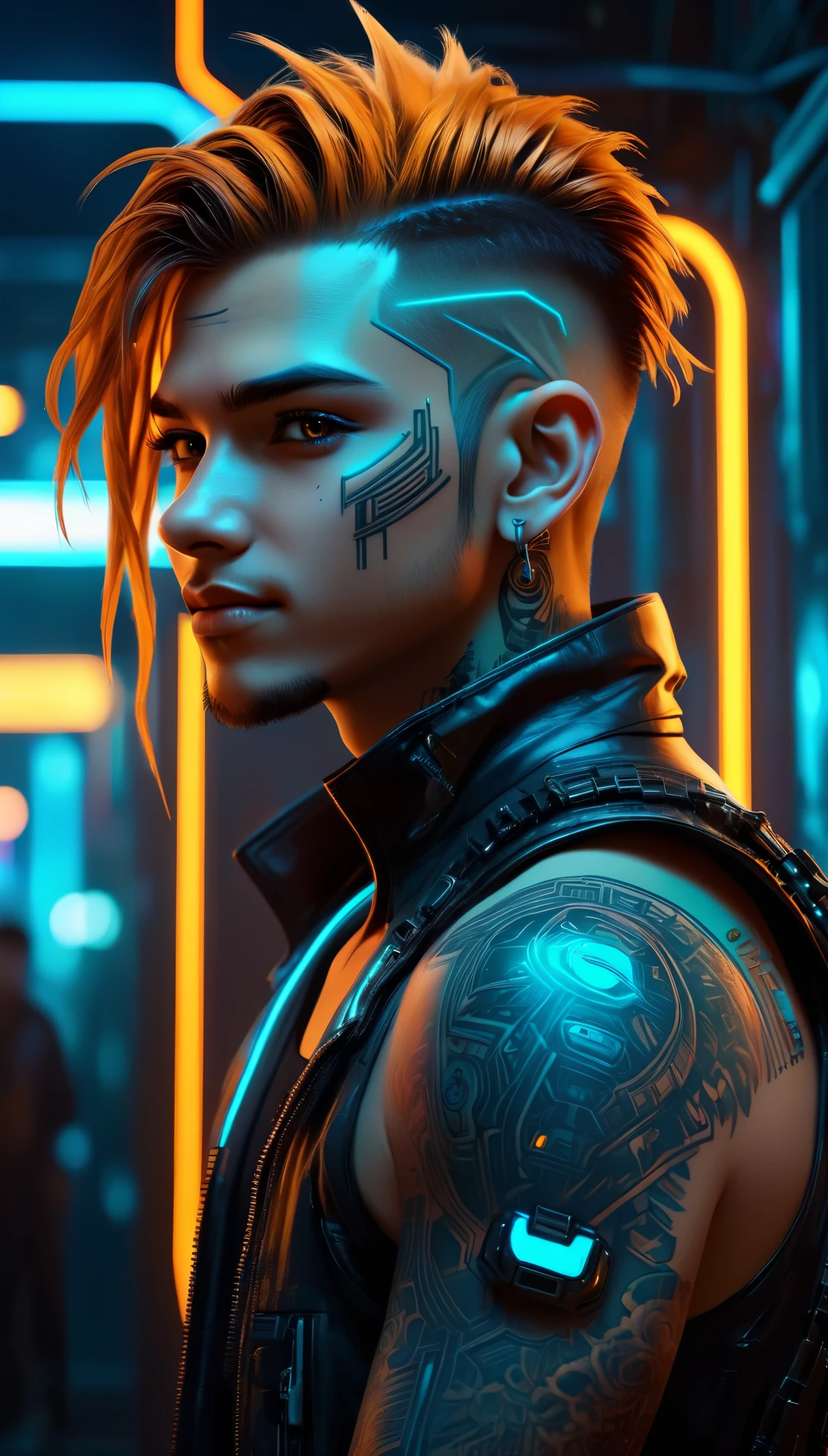 whole shot:1.4, full body: 1.4, ((a confident sensual and beautiful young man, ultra detailed)), ((sensual smile, with a tattoo on his arm and cheek, beautiful and masculine hairstyle, young and beautiful cyberpunk, beautiful cyberpunk boy face light brown eyes:1.4)), dreamy, ((beautiful and detailed hair, soft and luminous:1.3)), dark night environment, night colors, violet, blue, black, gray, ultra-realistic 8k, cyberpunk 20 years. a model child, the portrait, highly detailed 32k digital art, beautiful digital artwork, Cyborg Cyberpunk. ((orange, cyan, brown colors: 1.2)), 8k realistic digital art, soft neon lighting on the face and body, whole shot: 1.4, (( Highly detailed: 1.4), (( masterpiece )), (Hyper detailed and beautiful: 1.3), (Photorealistic: 1.4)