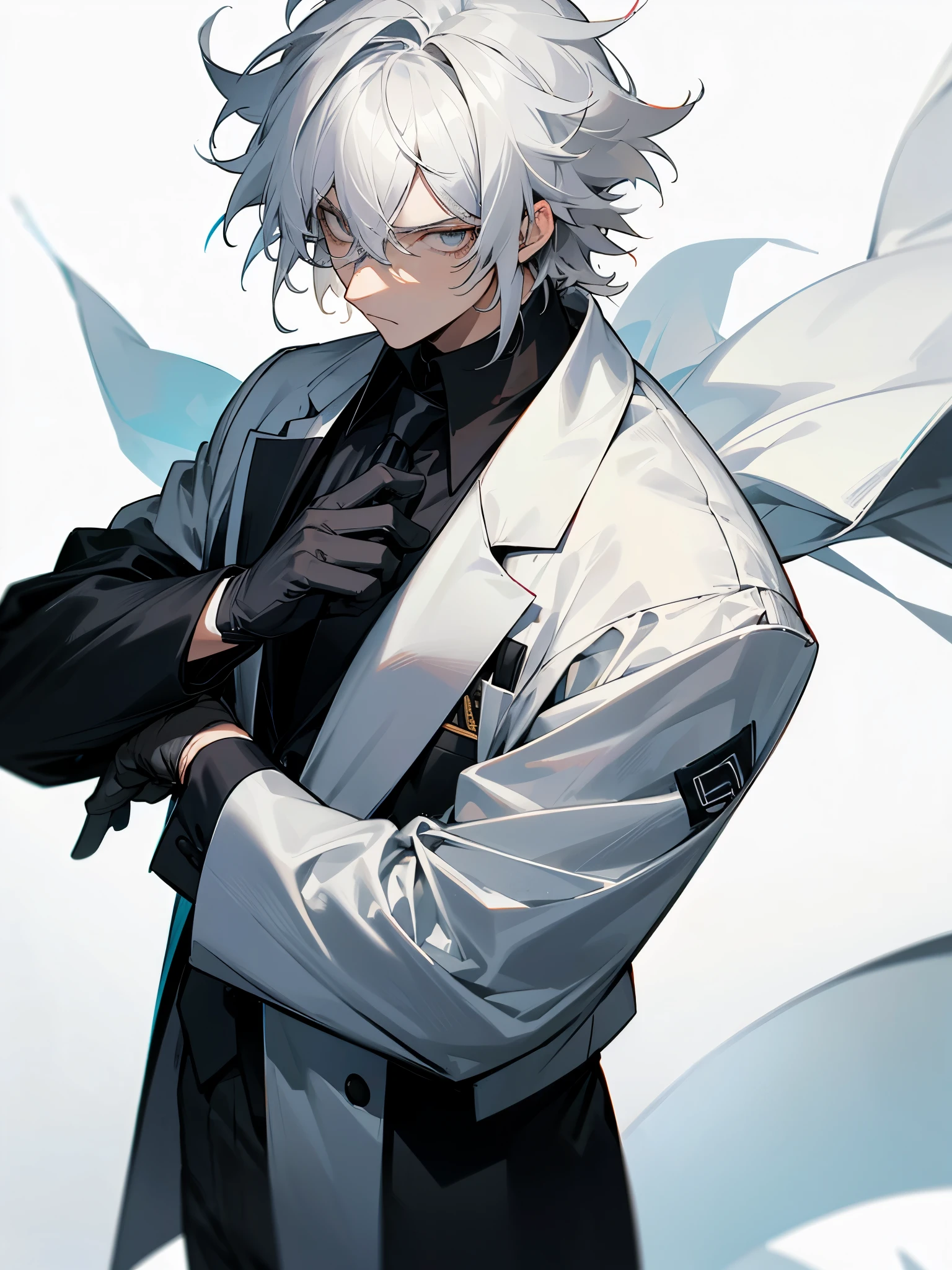 black male, short curly white hair with black tips, with doctor's lab coat, piercings e brincos 