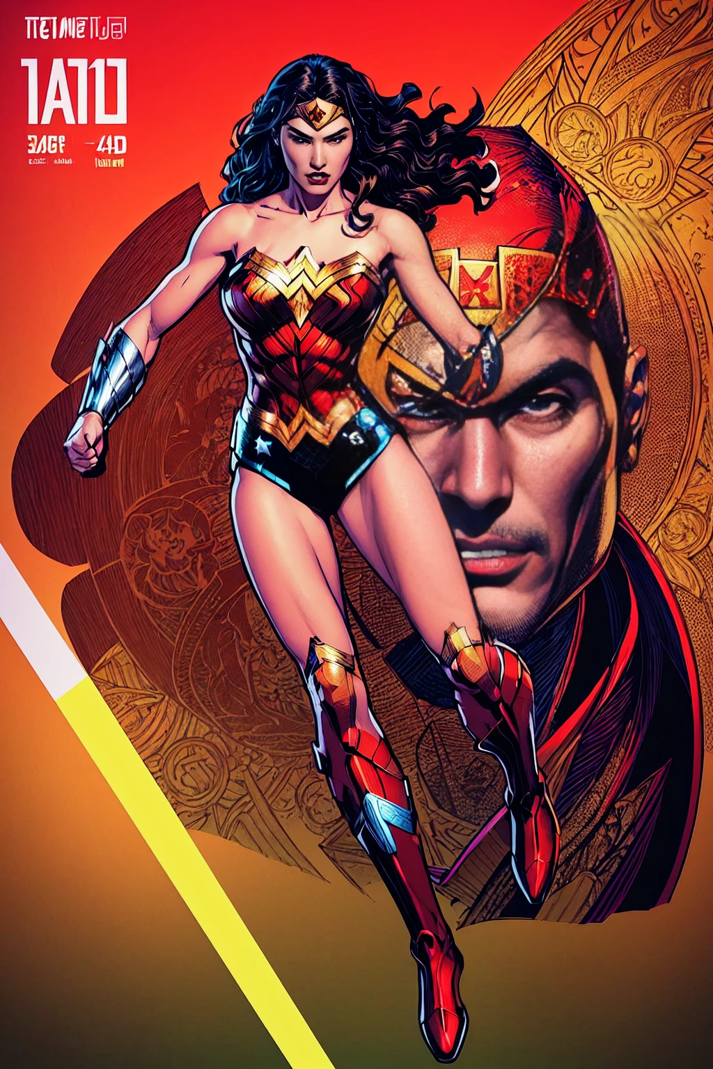 (((full body photo)))  Wonder Woman, TM Samurai, intricate face details, poster style, icons, vibrant colors, vector style, digital art, 4K, intricate details, mesmerizing, professionally made, beautiful vector illustration, 12K resolution, 3D, all characters in detailed full body, highly detailed, vibrant, ultra high quality, Hyperrealism, Photorealism, octane render]