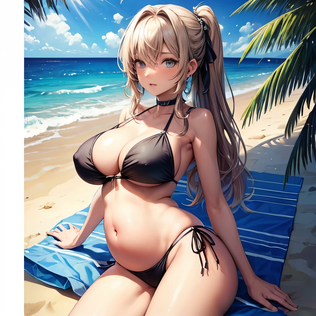 A skinny ladie who is 9 months pregnant with twins. She is at the beach. She is wearing a bikini and her belly is showing
