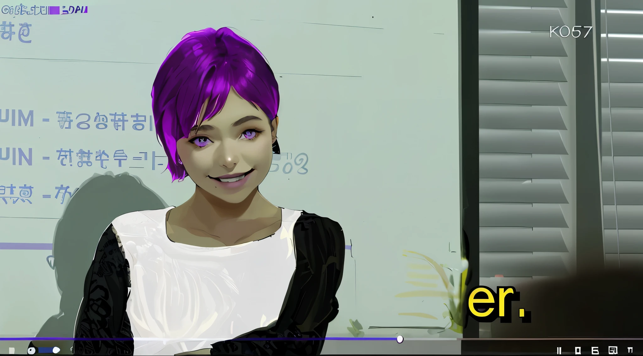  woman with purple hair, purple eyes, white shirt speaks and smiles, tiene blusa blanca con mangas oscuras 