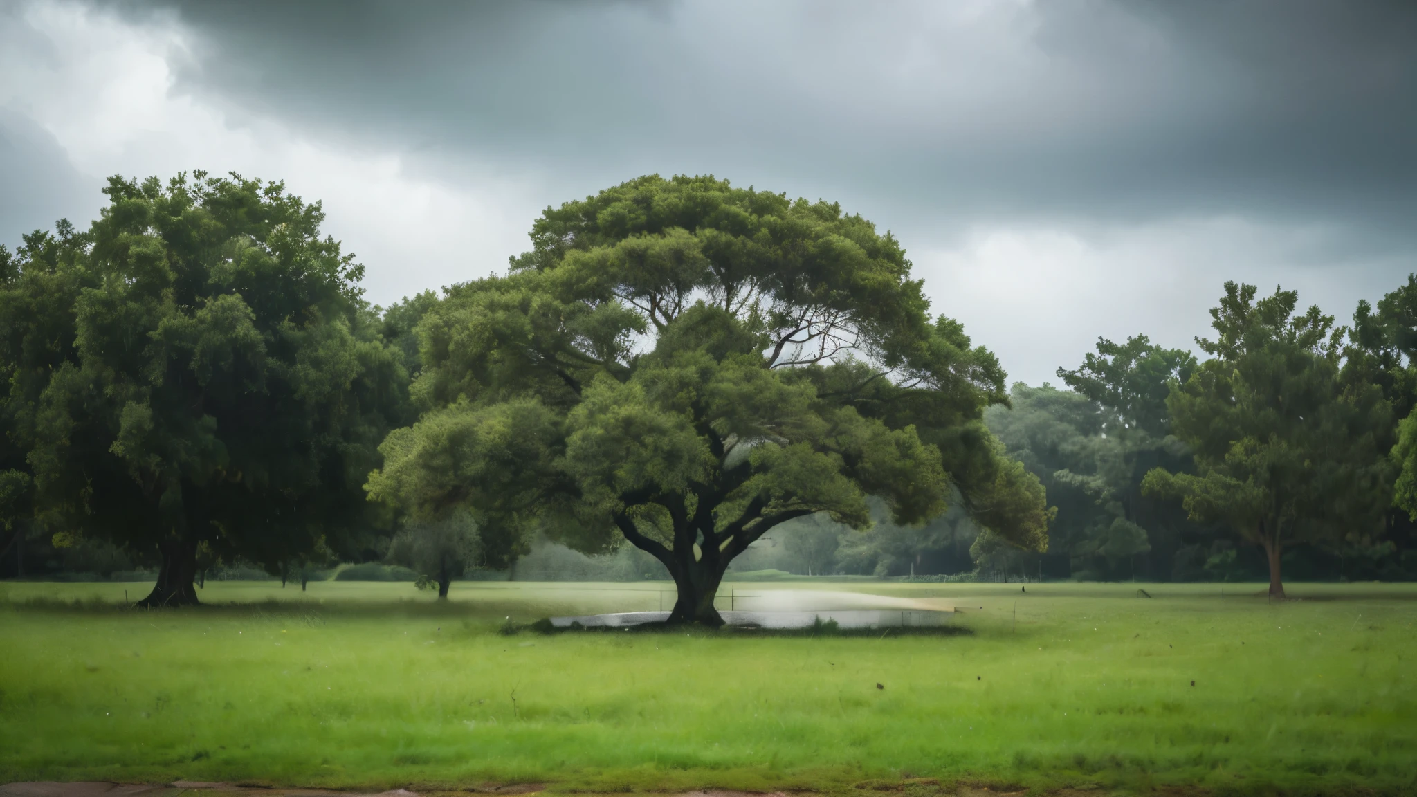 heavy rain in a park with a big tree in the center, wet environment from the rain, cloudy sky, clear high resolution 4k image