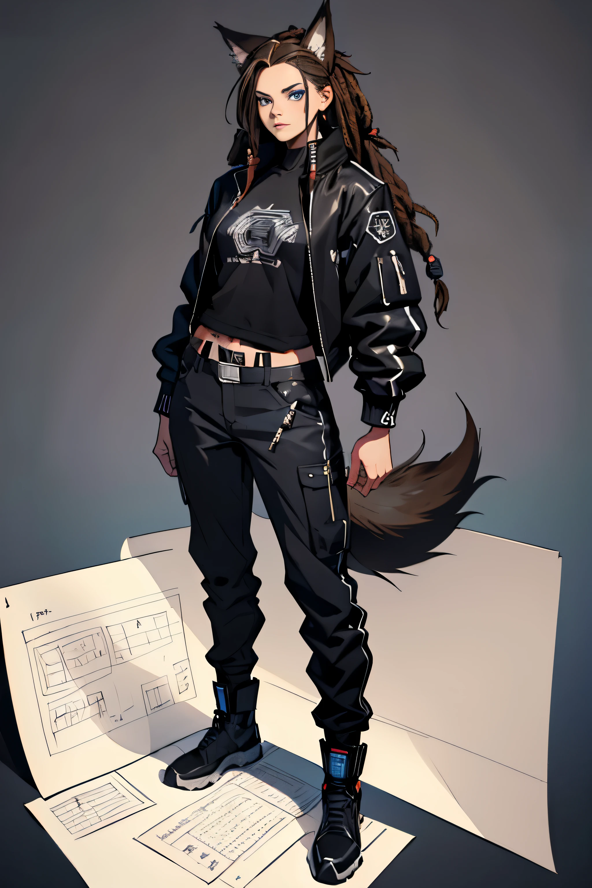 1 girl, mel medarda arcane hair, dreadlocks, wolf ears and tail, hyper realistic hands, detailed hyper realistic eyes, teenager, rock jacket, pants,, black clothing, brown hair, light background, full body, long hair, teenager, tribal tattoo, colorful parts, sketchbook, hand drawn hand, symbols, dark , bold, realistic sketch, sketch, mixing dark lines and loose lines, bold lines, on paper, turn on character sheet, human woman, blue eyes, full body, imposing pose, lots of details, stylish outfit, symbols, runes , dark theme , black shirt, beautiful, pretty, modest