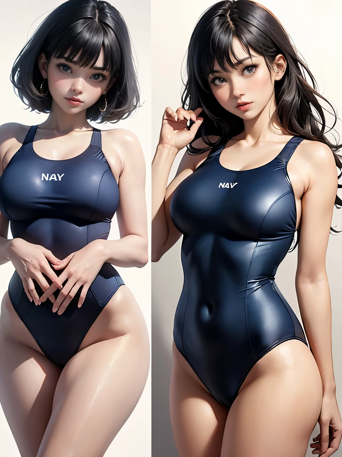  (Raw photo:1.2), (Photoreal), 1 girl、beautiful detailed girl, very detailed目と顔, High resolution, very detailed, highest quality, [masterpiece:1.6], very detailed, nffsw, finely, thin waist、big breasts、thick thighs、highest quality, 8k wallpaper, japanese woman、【sexual excitement:1.6】、high school girl、(japanese school swimsuit、Navy blue one-piece swimsuit、Navy blue Japanese student swimsuit:1.3), black pantyhose,（anatomically correct）、（perfect body proportions)、 ((perfect hands))、 (((perfect fingers)))、(oily skin:1.5)