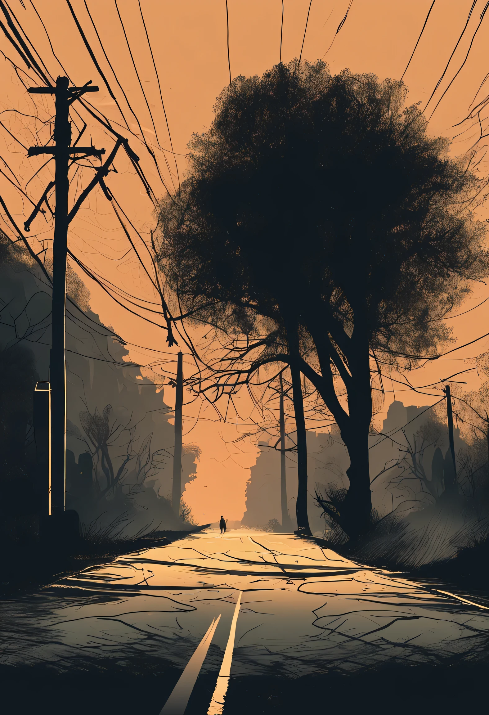 "Create an image of the night scene，Among them is a ghostly road illuminated by a yellowish telephone pole, There are rough trees and strange fog around. Convey a sense of mystery and suspense, With the movement of the shadows and a blurry figure in the distance."