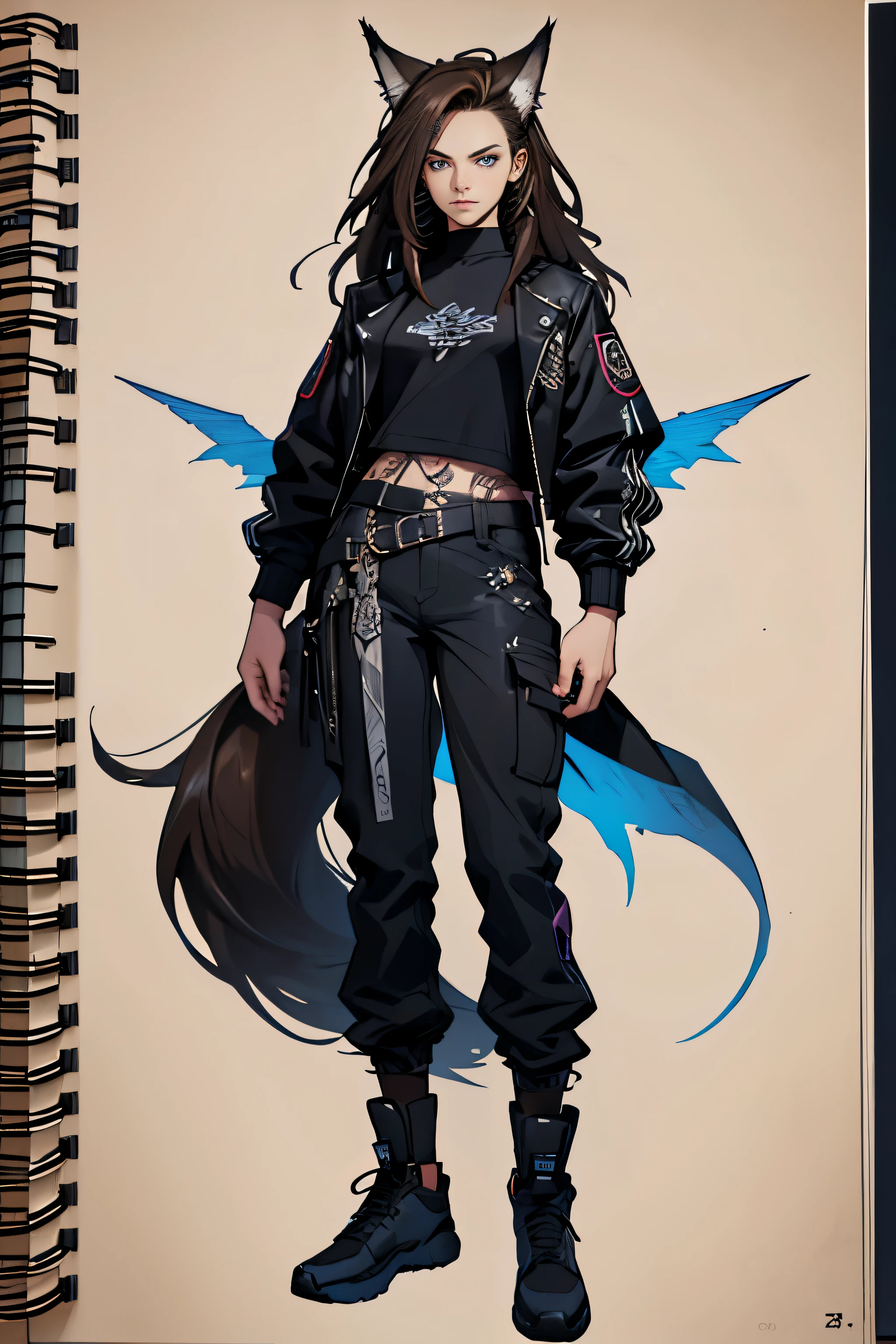 1 girl, mel medarda arcane hair, dreadlocks, wolf ears and tail, hyper realistic hands, detailed hyper realistic eyes, teenager, rock jacket, pants,, black clothing, brown hair, light background, full body, long hair, teenager, tribal tattoo, colorful parts, sketchbook, hand drawn hand, symbols, dark , bold, realistic sketch, sketch, mixing dark lines and loose lines, bold lines, on paper, turn on character sheet, human woman, blue eyes, full body, imposing pose, lots of details, stylish outfit, symbols, runes , dark theme , black shirt, beautiful, pretty, modest