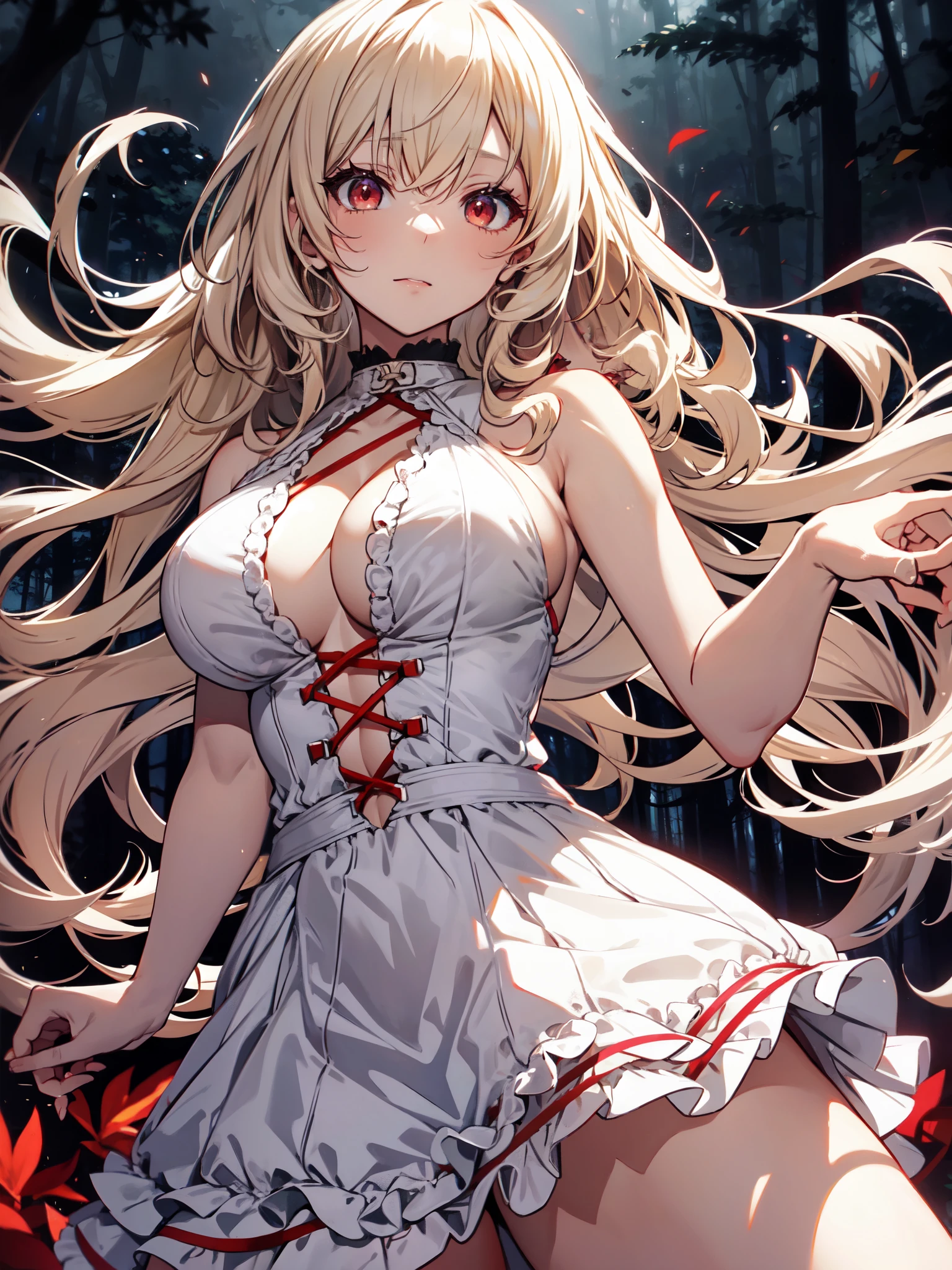 anime girl , curly white hair, wearing Halter dress top,have big breasts, dance, forest, vampire, blonde, red eyes