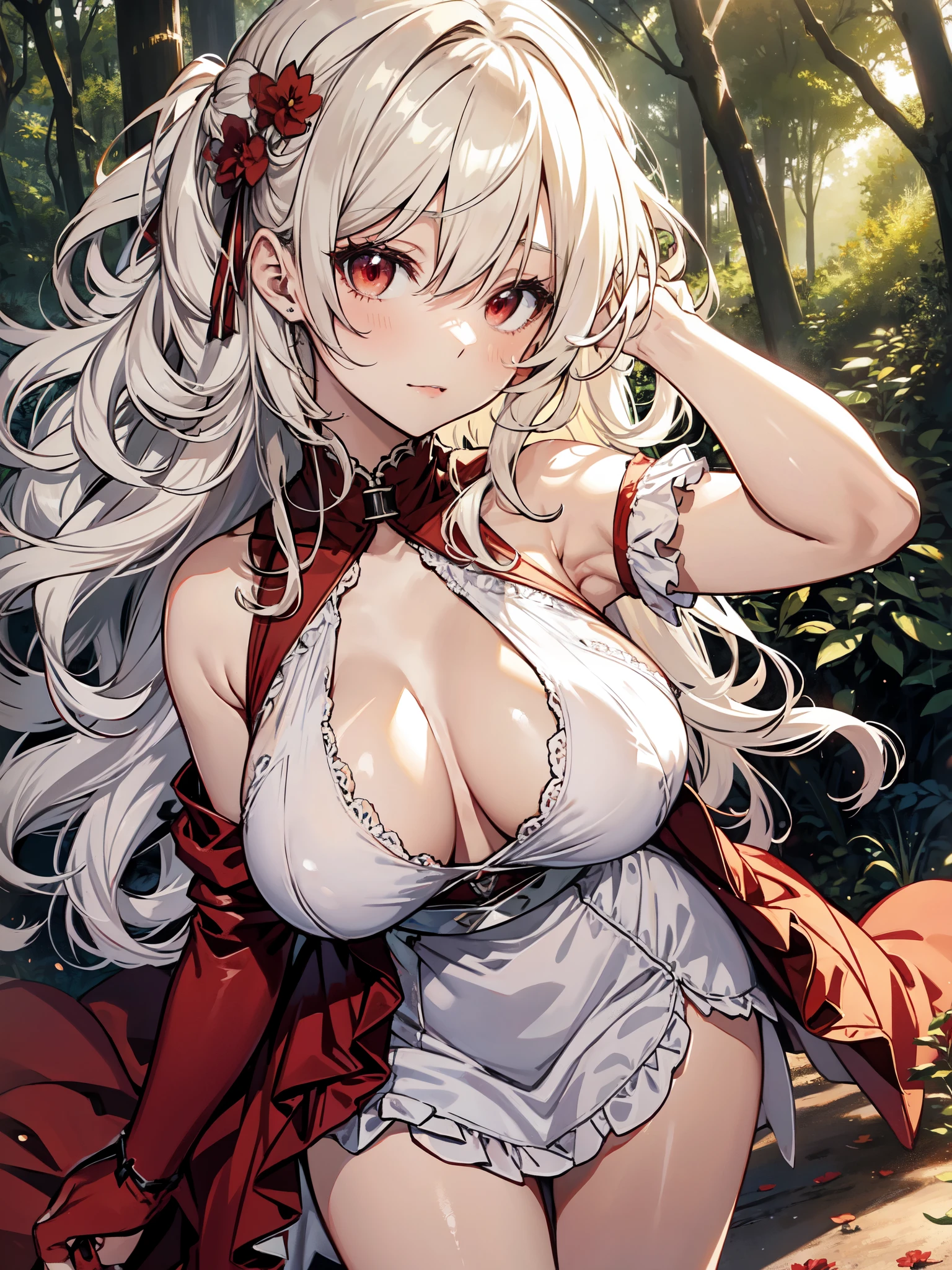 anime girl , curly white hair, wearing Halter dress top,have big breasts, dance, forest, vampire, blonde, red eyes