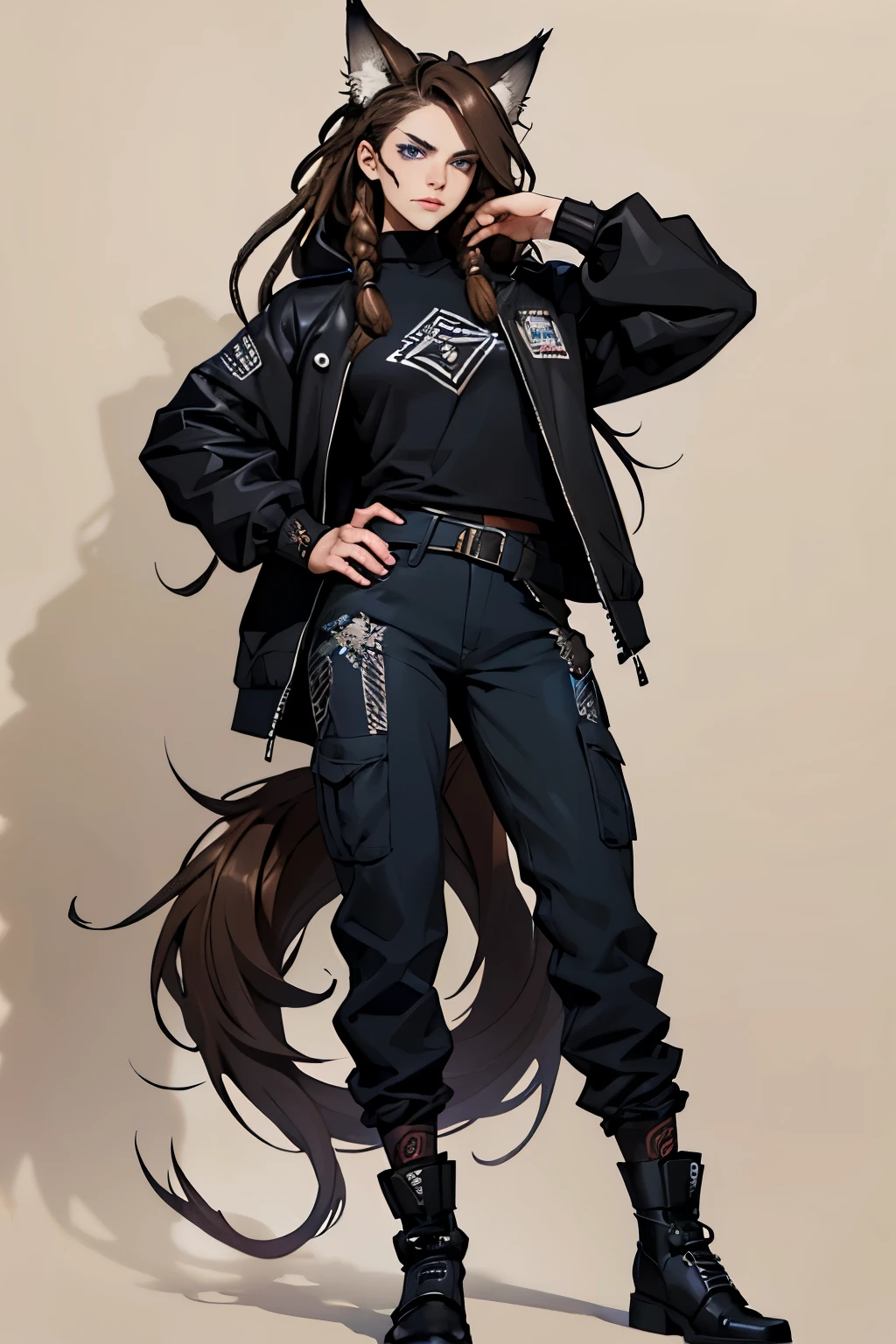 1 girl, mel medarda arcane hair, dreadlocks, wolf ears and tail, hyper realistic hands, detailed hyper realistic eyes, teenager, rock jacket, pants,, black clothing, brown hair, light background, full body, long hair, teenager, tribal tattoo, colorful parts, sketchbook, hand drawn hand, symbols, dark , bold, realistic sketch, sketch, mixing dark lines and loose lines, bold lines, on paper, turn on character sheet, human woman, blue eyes, full body, imposing pose, lots of details, stylish outfit, symbols, runes , dark theme , black shirt, beautiful, pretty, modest