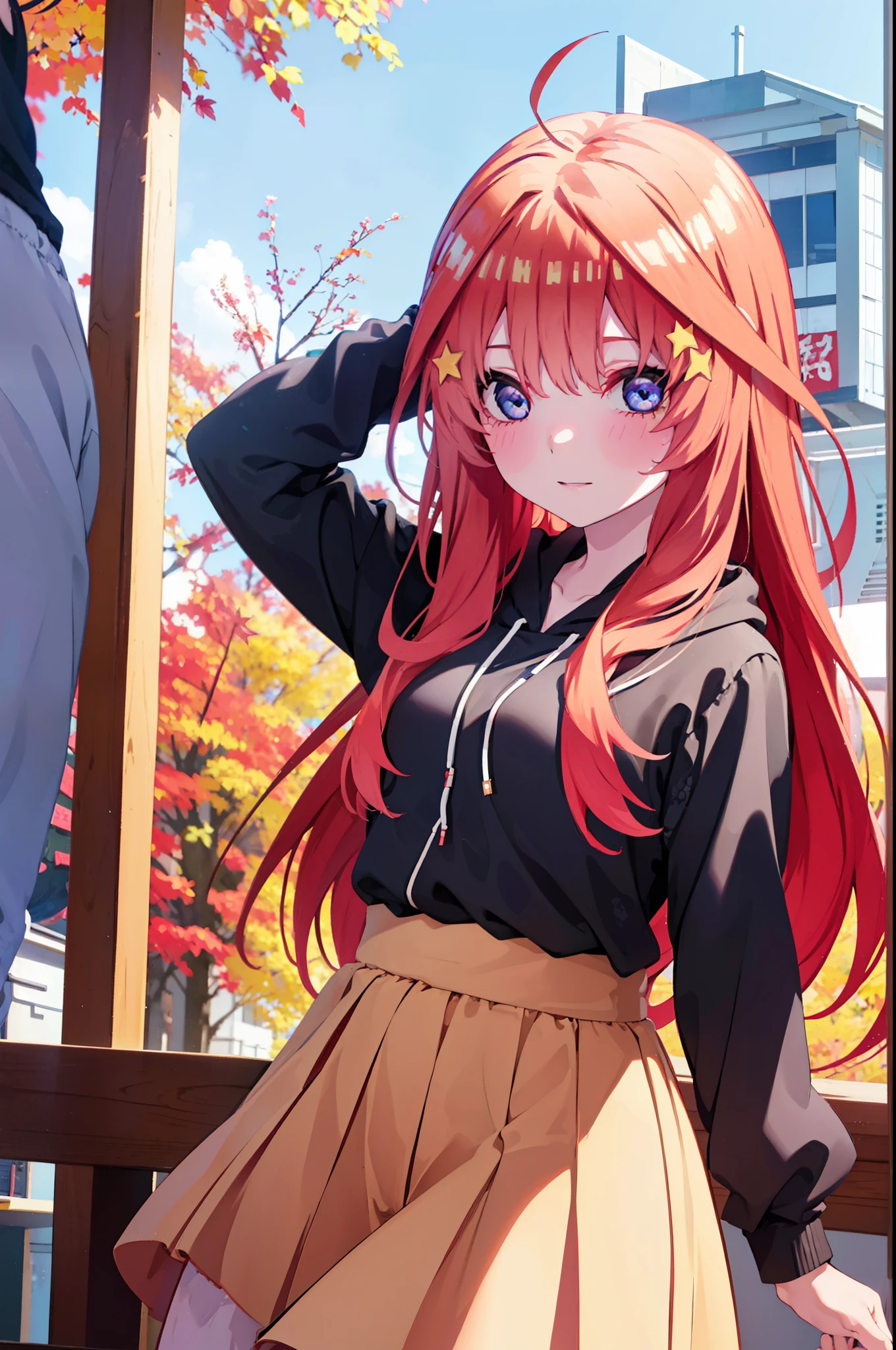 itsukinakano, itsuki nakano, bangs, blue eyes, hair between eyes, Ahoge, redhead, star \(symbol\), short braided hair,hair ornaments, star hair ornaments,smile,blush,animal ears　raccoon ears,animal tail　Tanuki tail,red hoodie,white long skirt,Cute Sandals,autumn leaves,whole bodyがイラストに入るように,
break outdoors, garden,
break looking at viewer,whole body,(cowboy shot:1.5),
break (masterpiece:1.2), highest quality, High resolution, unity 8k wallpaper, (shape:0.8), (beautiful deしっぽed eyes:1.6), extremely deしっぽed face, perfect lighting, extremely deしっぽed CG, (perfect hands, perfect anatomy),