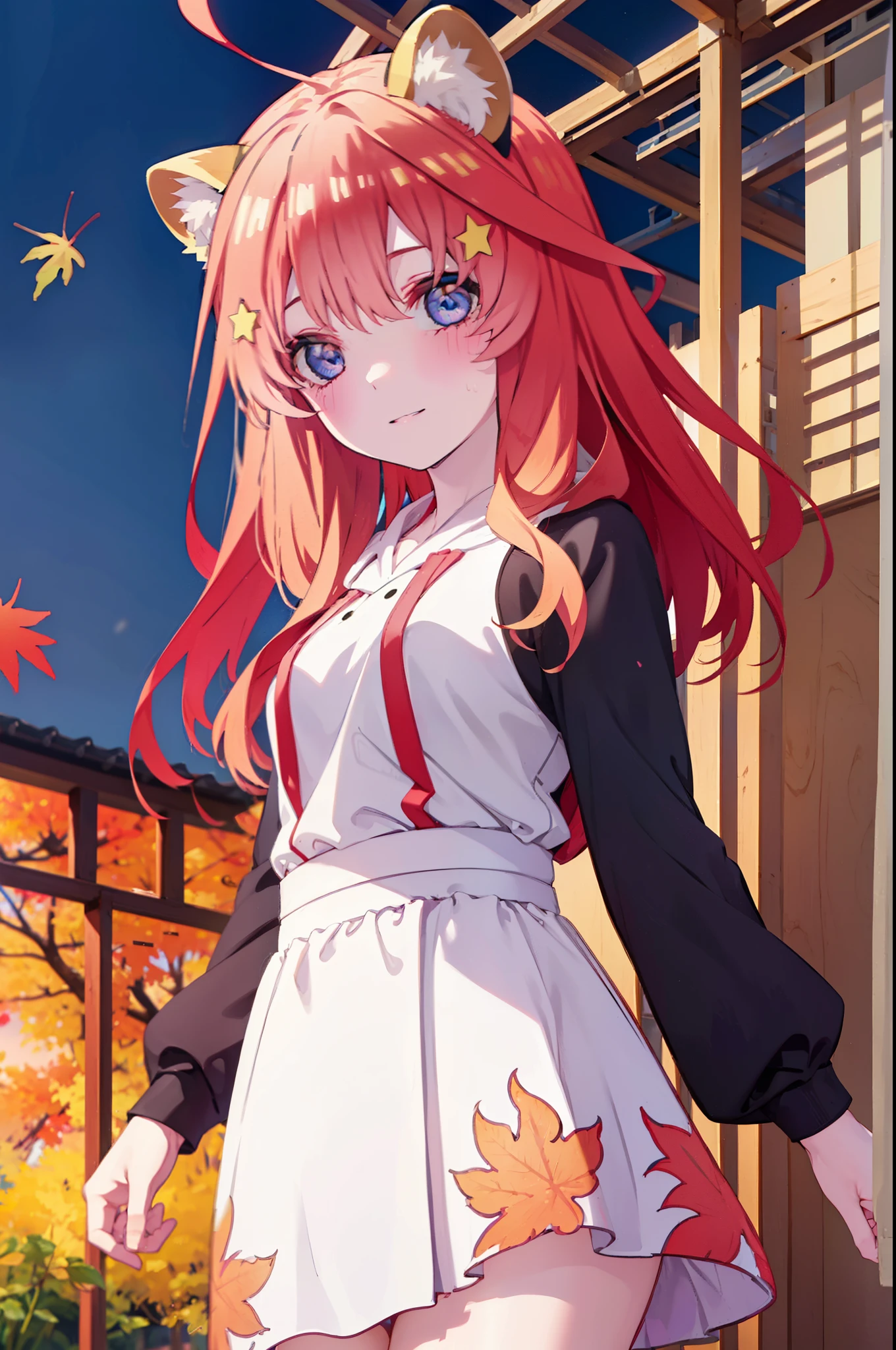 itsukinakano, itsuki nakano, bangs, blue eyes, hair between eyes, Ahoge, redhead, star \(symbol\), short braided hair,hair ornaments, star hair ornaments,smile,blush,animal ears raccoon ears,animal tail Tanuki tail,red hoodie,white long skirt,Cute Sandals,autumn leaves,whole bodyがイラストに入るように,
break outdoors, garden,
break looking at viewer,whole body,(cowboy shot:1.5),
break (masterpiece:1.2), highest quality, High resolution, unity 8k wallpaper, (shape:0.8), (beautiful deしっぽed eyes:1.6), extremely deしっぽed face, perfect lighting, extremely deしっぽed CG, (perfect hands, perfect anatomy),