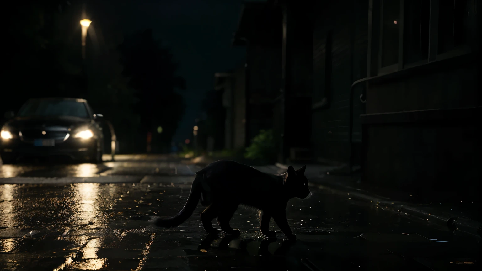 Generate a high-resolution image with advanced levels of detail and cinematic style, depicting a black cat in the midst of a rainy night. The scene should evoke a sense of mystery and intrigue, with the cat serving as a focal point amidst the darkness and falling rain.

The setting should be a dimly lit street or alleyway, illuminated only by the soft glow of streetlights and the occasional flash of lightning. Raindrops should be depicted cascading down from the sky, creating ripples on puddles and shimmering on the cat's sleek fur.

The cat should be portrayed with intricate details, capturing the sleekness of its coat and the intensity of its gaze. It could be depicted pausing mid-step, or perhaps huddled under the shelter of a nearby awning, adding to the sense of drama and suspense.

Use lighting effects to create depth and atmosphere, with shadows playing across the scene and highlights accentuating key features. The overall mood of the image should be one of quiet beauty and enigmatic charm, inviting viewers to ponder the mysteries of the night.