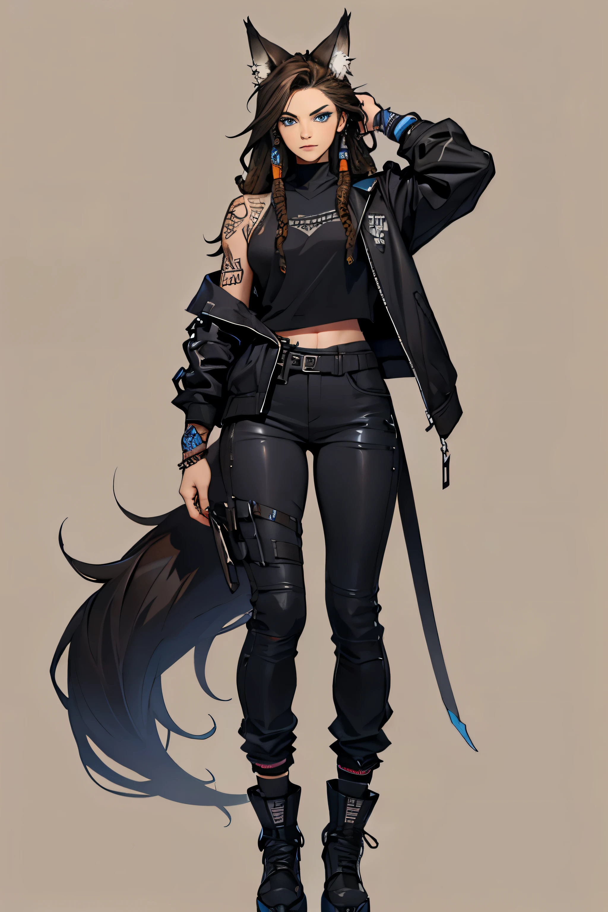 1 girl, mel medarda arcane hair, dreadlocks, wolf ears and tail, hyper realistic hands, detailed hyper realistic eyes, teenager, rock jacket, pants,, black clothing, brown hair, light background, full body, long hair, teenager, tribal tattoo, colorful parts, sketchbook, hand drawn hand, symbols, dark , bold, realistic sketch, sketch, mixing dark lines and loose lines, bold lines, on paper, turn on character sheet, human woman, blue eyes, full body, imposing pose, lots of details, stylish outfit, symbols, runes , dark theme , black shirt, beautiful, pretty, modest