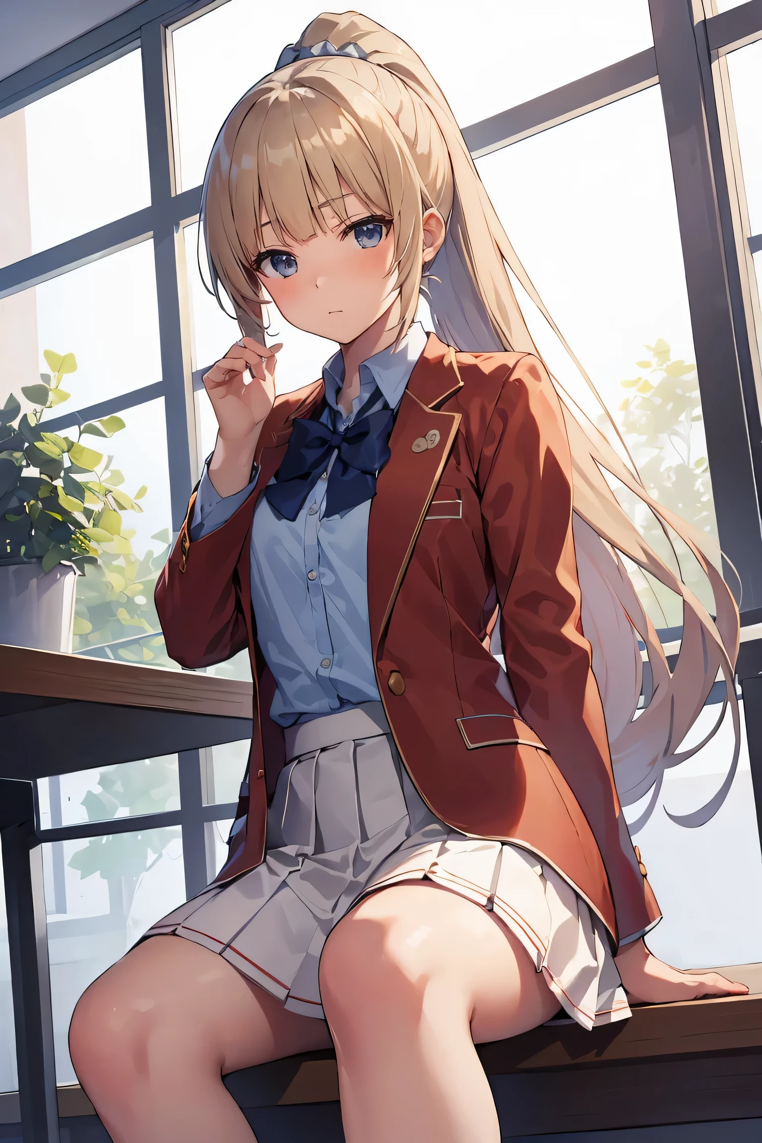 (masterpiece), (best quality), (illustration), (beautiful detailed), (highres), white skirt, brown footwear, miniskirt, pleated skirt, red jacket, looking at viewer,cafe,sitting,(school uniform), white shirt,blush,shy,indoors, window,blonde hair,ponytail