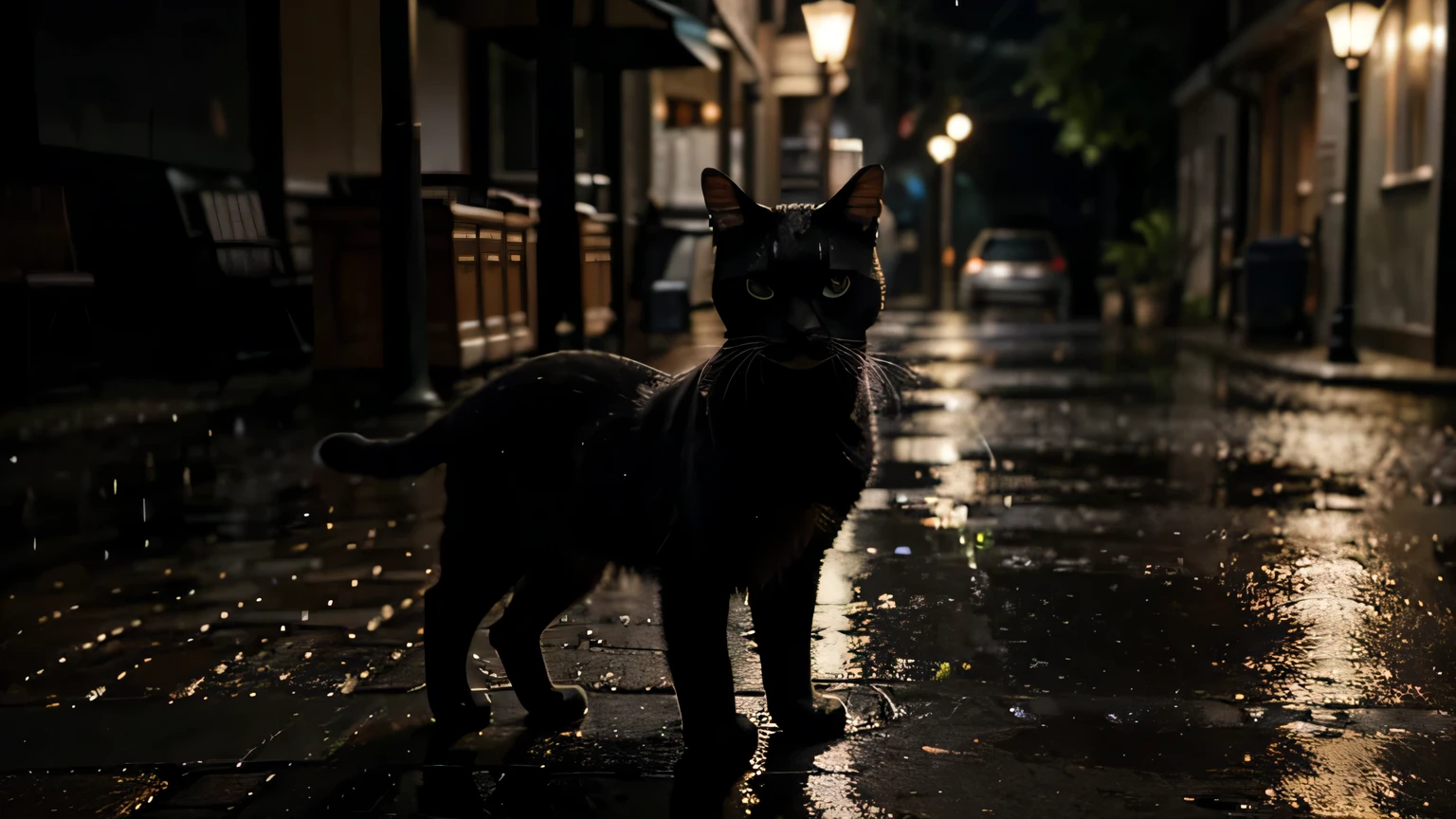 Generate a high-resolution image with advanced levels of detail and cinematic style, depicting a black cat in the midst of a rainy night. The scene should evoke a sense of mystery and intrigue, with the cat serving as a focal point amidst the darkness and falling rain.
The setting should be a dimly lit street or alleyway, illuminated only by the soft glow of streetlights and the occasional flash of lightning. Raindrops should be depicted cascading down from the sky, creating ripples on puddles and shimmering on the cat's sleek fur.
The cat should be portrayed with intricate details, capturing the sleekness of its coat and the intensity of its gaze. It could be depicted pausing mid-step, or perhaps huddled under the shelter of a nearby awning, adding to the sense of drama and suspense.
Use lighting effects to create depth and atmosphere, with shadows playing across the scene and highlights accentuating key features. The overall mood of the image should be one of quiet beauty and enigmatic charm, inviting viewers to ponder the mysteries of the night.
