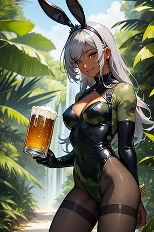 Melhor qualidade, 8k, mulher,black skin, lindo,big eyelashes, looking to observer, little smile, rabbit ears tiara, cleavage,gray militar camouflage leotard over suntan shiny nylon bodystocking, holding a beer can, florish forest scenario